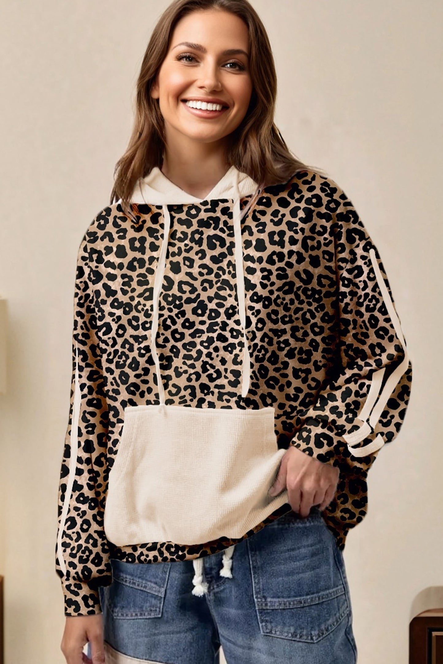 Leopard Print Waffle Contrast Kangaroo Pocket Hooded Sweatshirt-Tops / Dresses-[Adult]-[Female]-2022 Online Blue Zone Planet