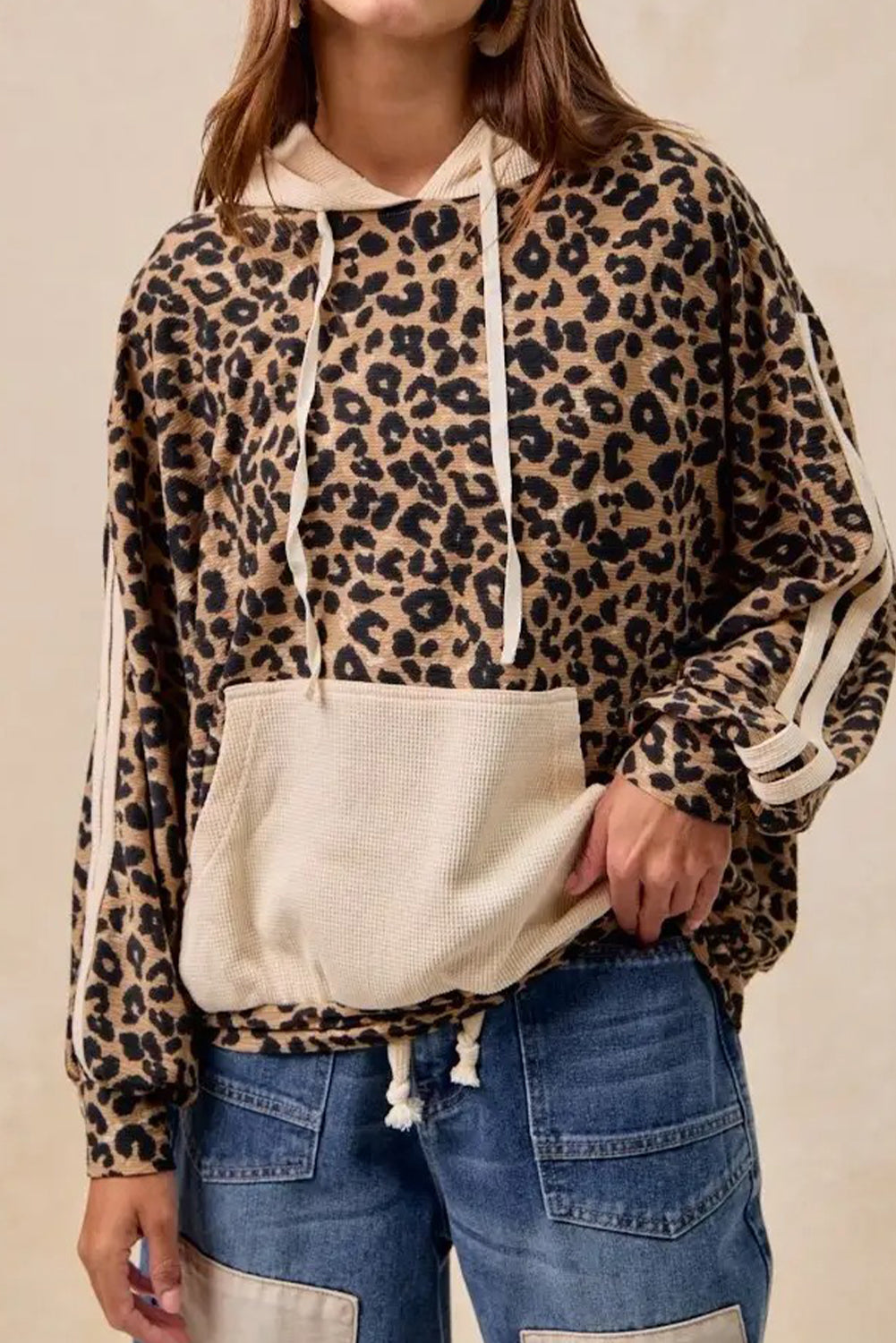 Leopard Print Waffle Contrast Kangaroo Pocket Hooded Sweatshirt