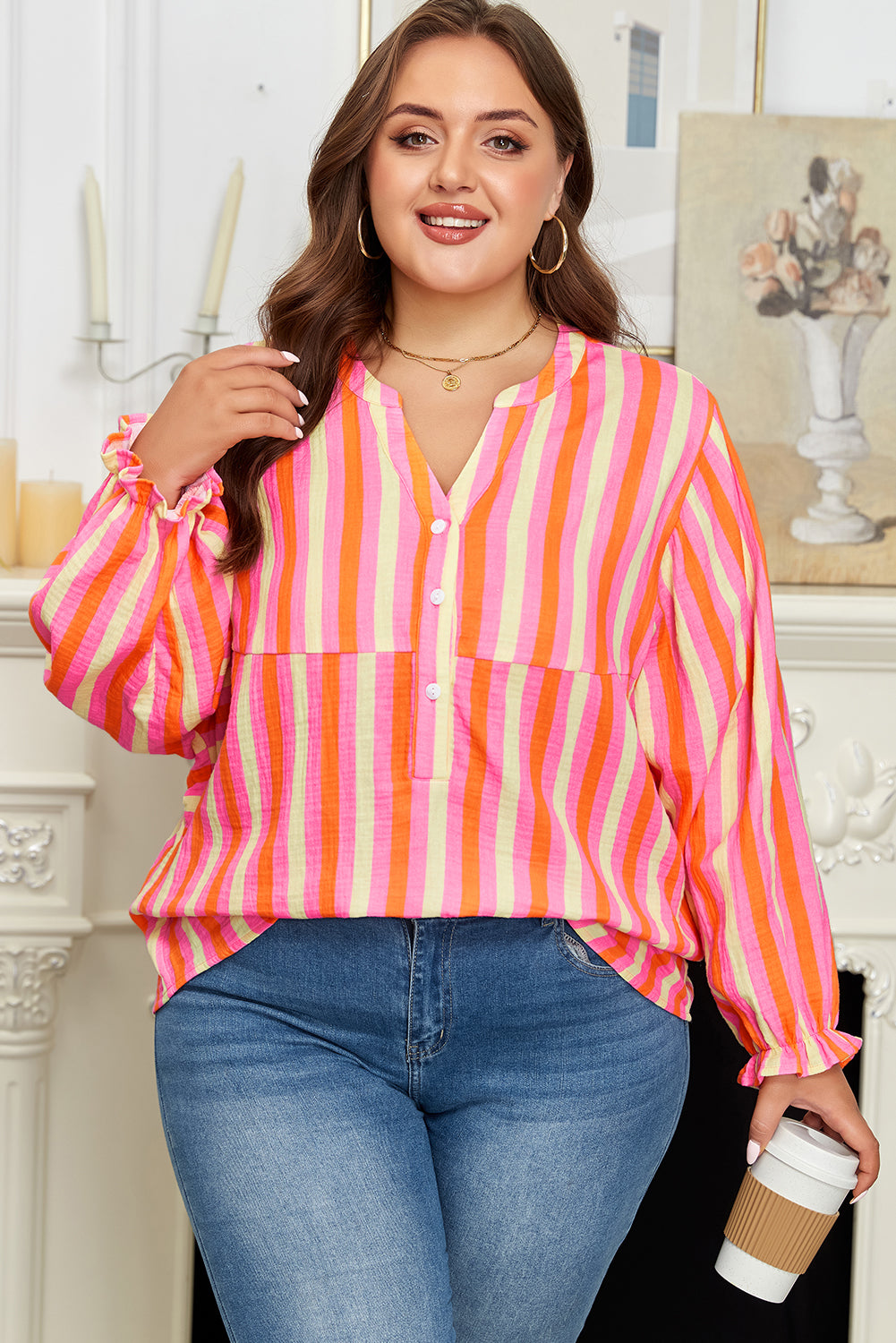 Pink Stripe Crinkled Half Buttons V Neck Plus Size Blouse-Plus Size/Plus Size Tops/Plus Size Blouses & Shirts-[Adult]-[Female]-2022 Online Blue Zone Planet