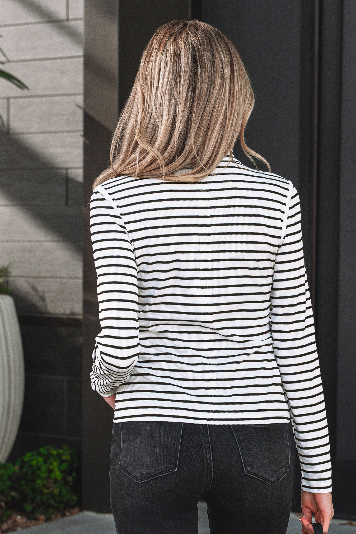 Black Stripe Ribbed Knit Half Button Long Sleeve Slim Top-Tops/Long Sleeve Tops-[Adult]-[Female]-2022 Online Blue Zone Planet