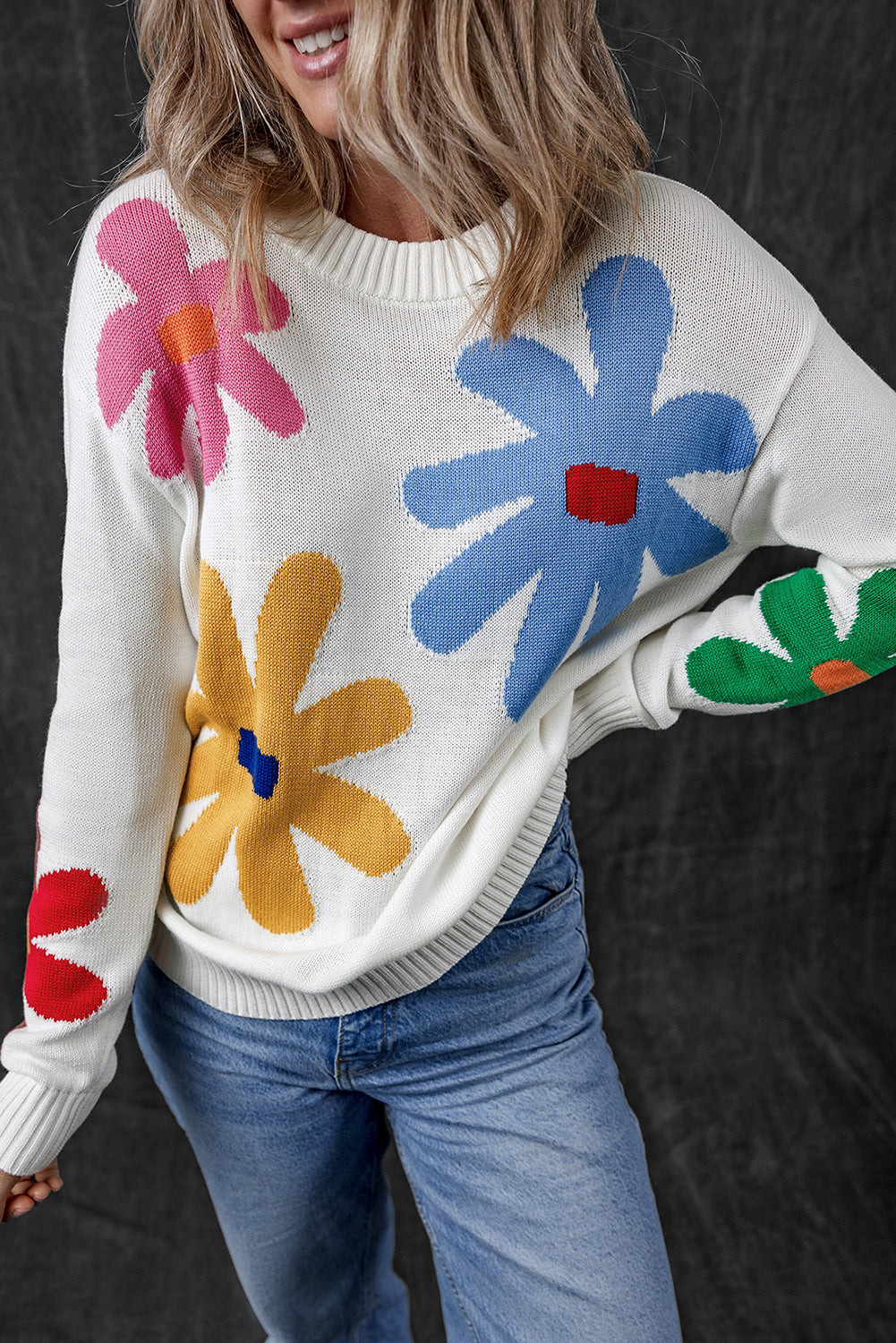 Blue Zone Planet | White Colorful Big Flower Pattern Crewneck Sweater-Sweaters & Cardigans/Sweaters-[Adult]-[Female]-2022 Online Blue Zone Planet