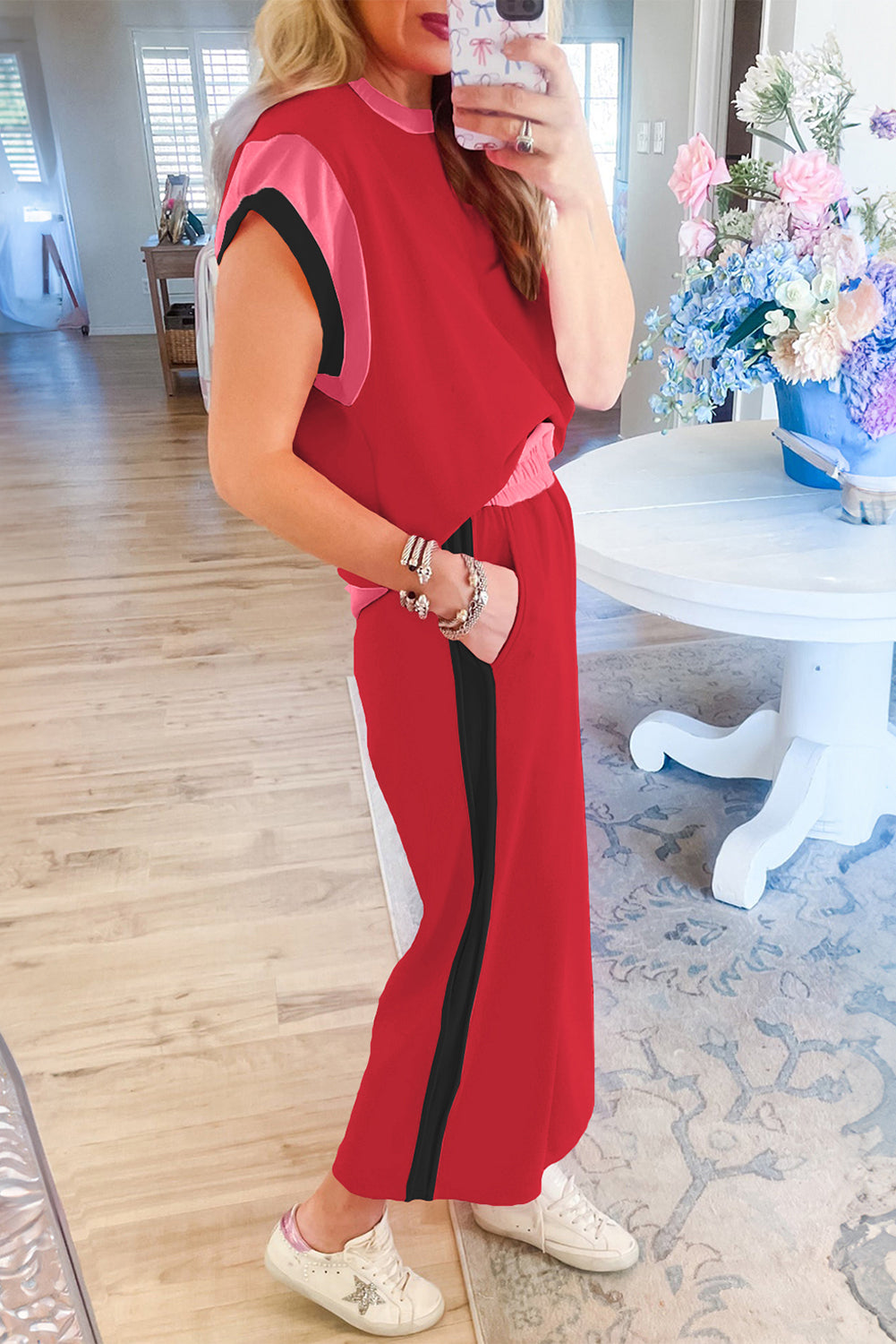Racing Red Color Block Detail Casual Two-piece Set-Two Piece Sets/Pant Sets-[Adult]-[Female]-2022 Online Blue Zone Planet