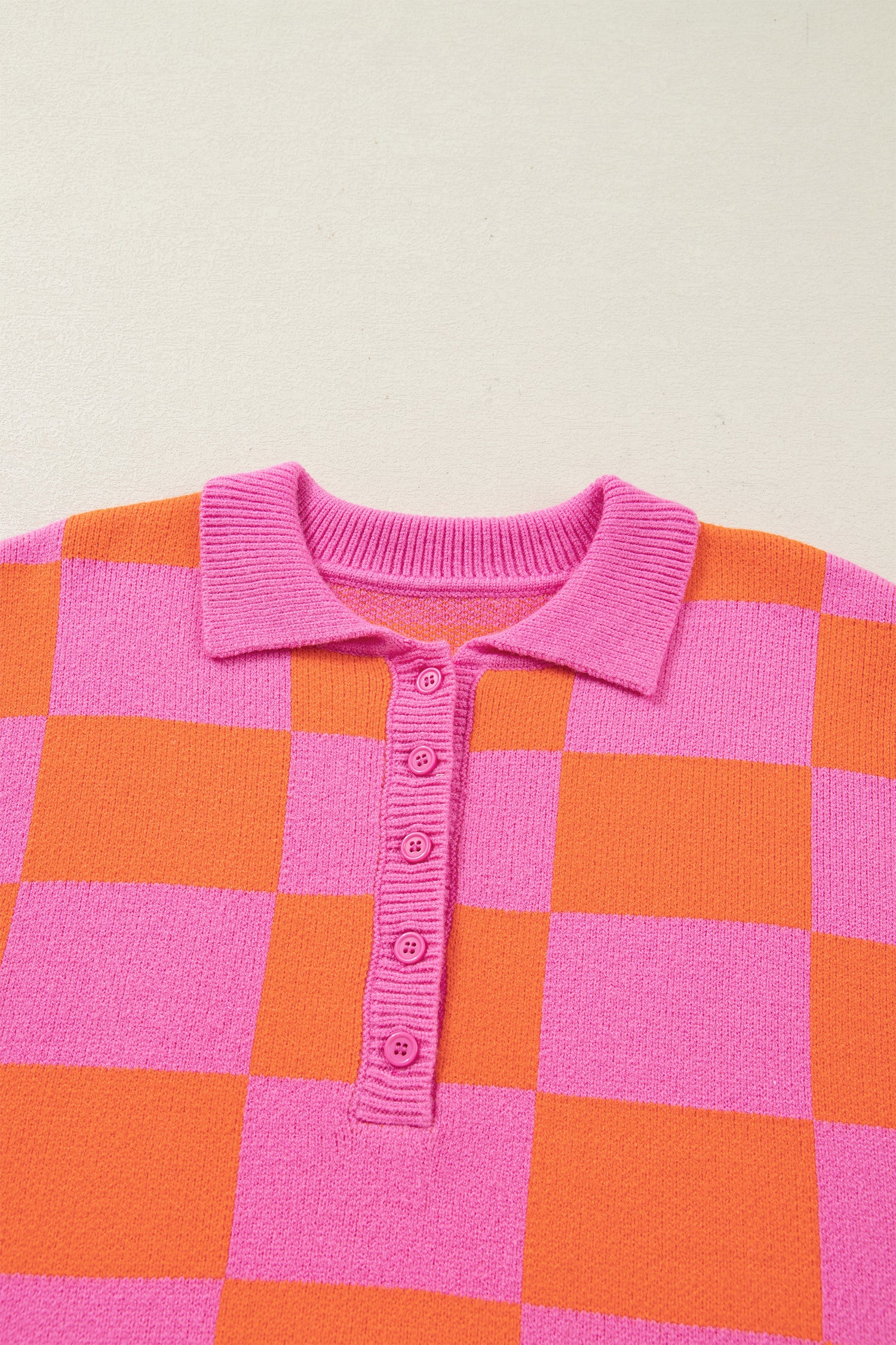 Sachet Pink Checkered Knit Polo Collar Baggy Sweater-TOPS / DRESSES-[Adult]-[Female]-2022 Online Blue Zone Planet