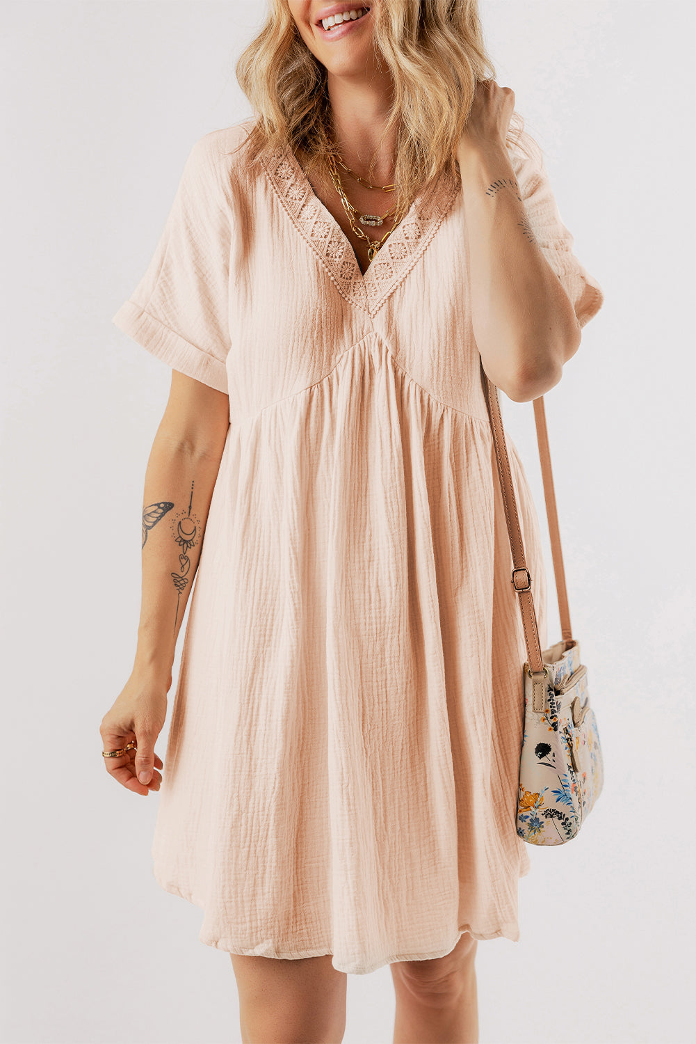 Beige Folded Short Sleeve Lace V Neck Mini Dress-Dresses/Mini Dresses-[Adult]-[Female]-2022 Online Blue Zone Planet