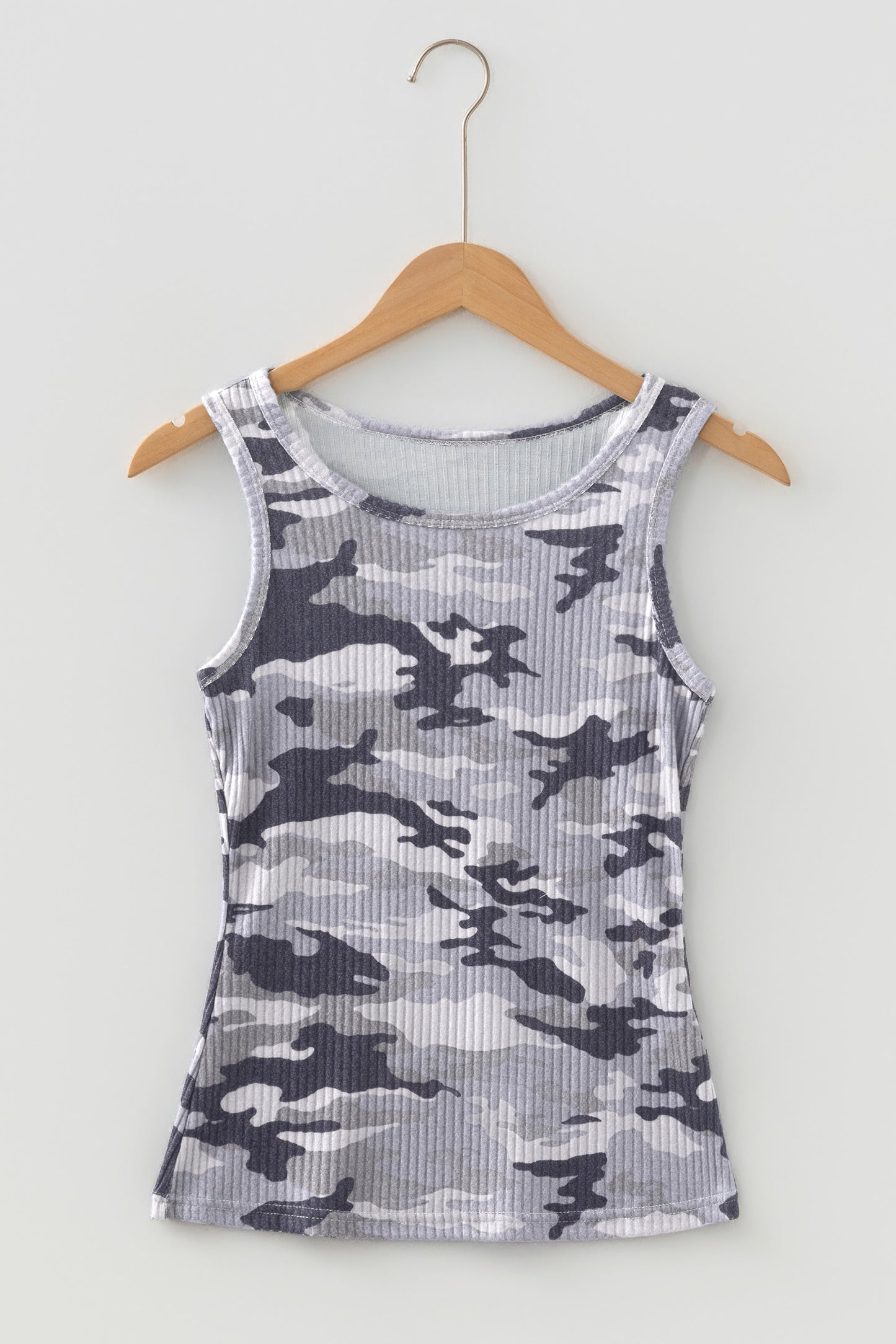 Gray Camouflage Print Ribbed Knit Round Neck Tank Top-Tops/Tank Tops-[Adult]-[Female]-2022 Online Blue Zone Planet