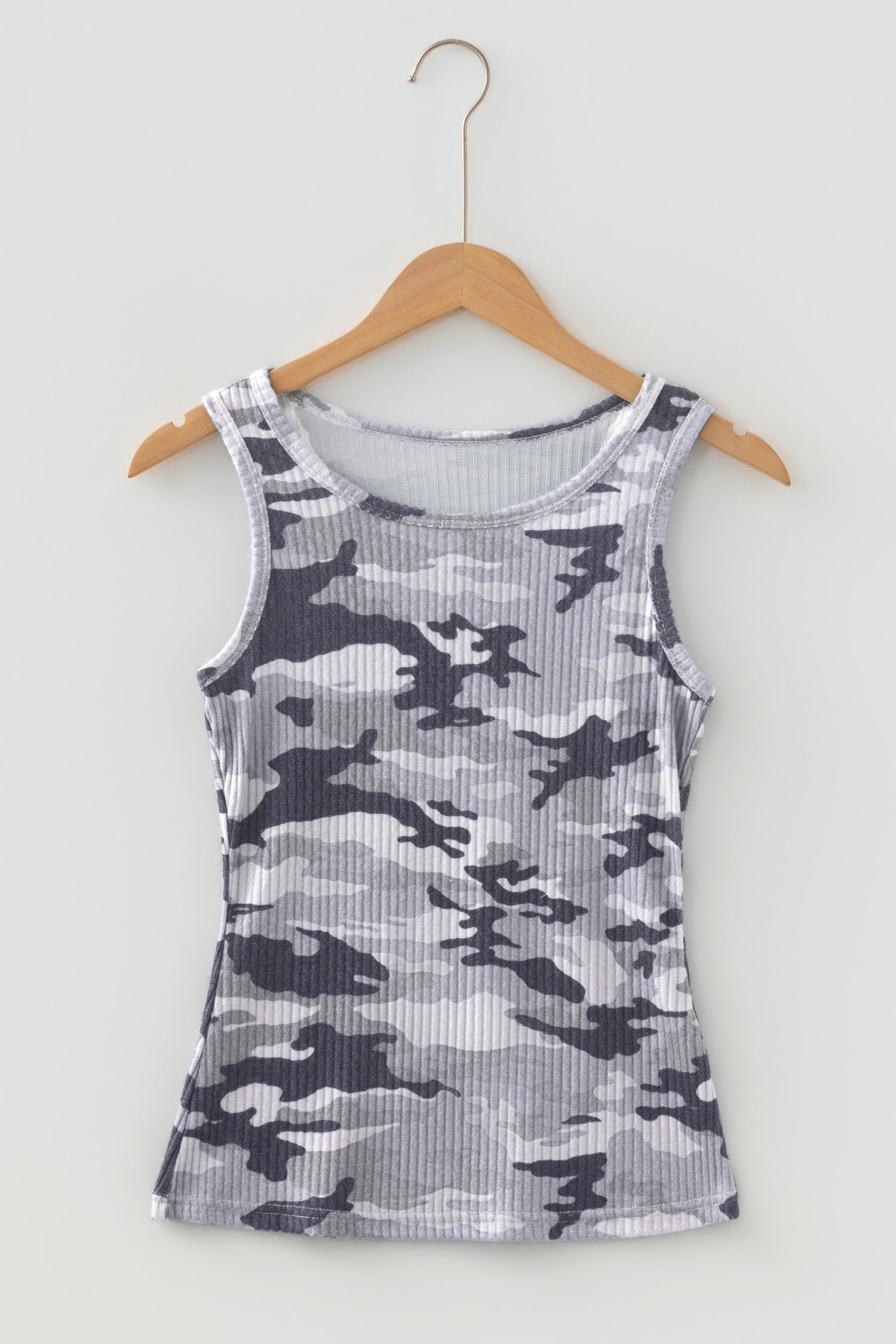 Gray Camouflage Print Ribbed Knit Round Neck Tank Top-Tops/Tank Tops-[Adult]-[Female]-2022 Online Blue Zone Planet