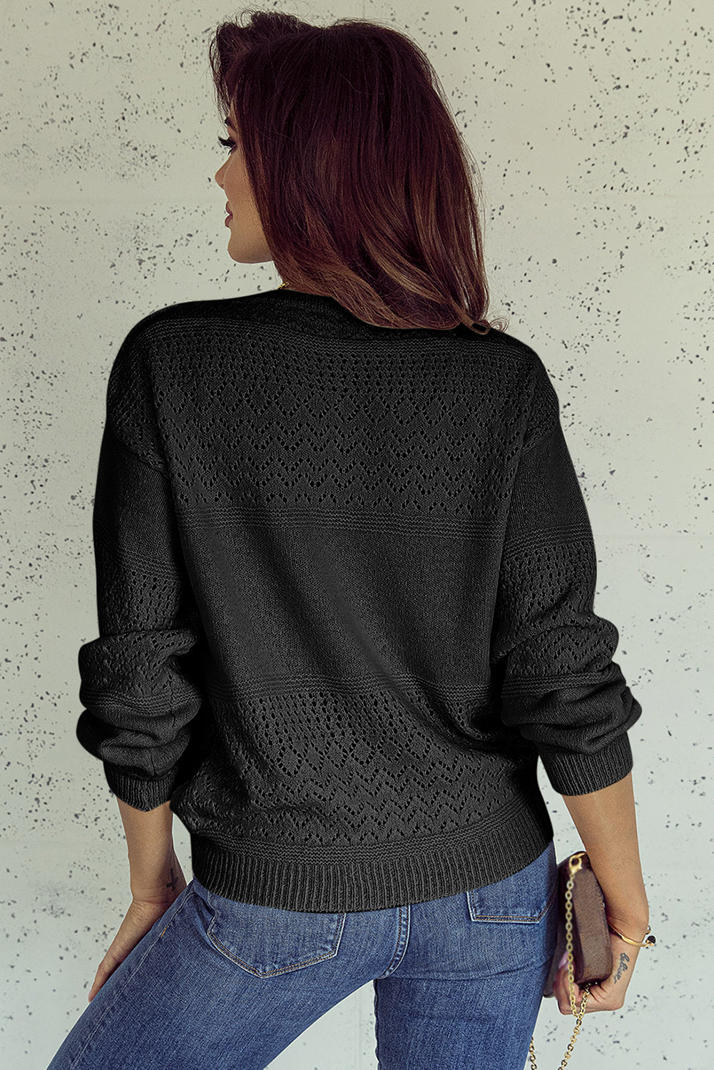 Black Eyelet Pattern Detail V Neck Drop Shoulder Sweater-TOPS / DRESSES-[Adult]-[Female]-2022 Online Blue Zone Planet