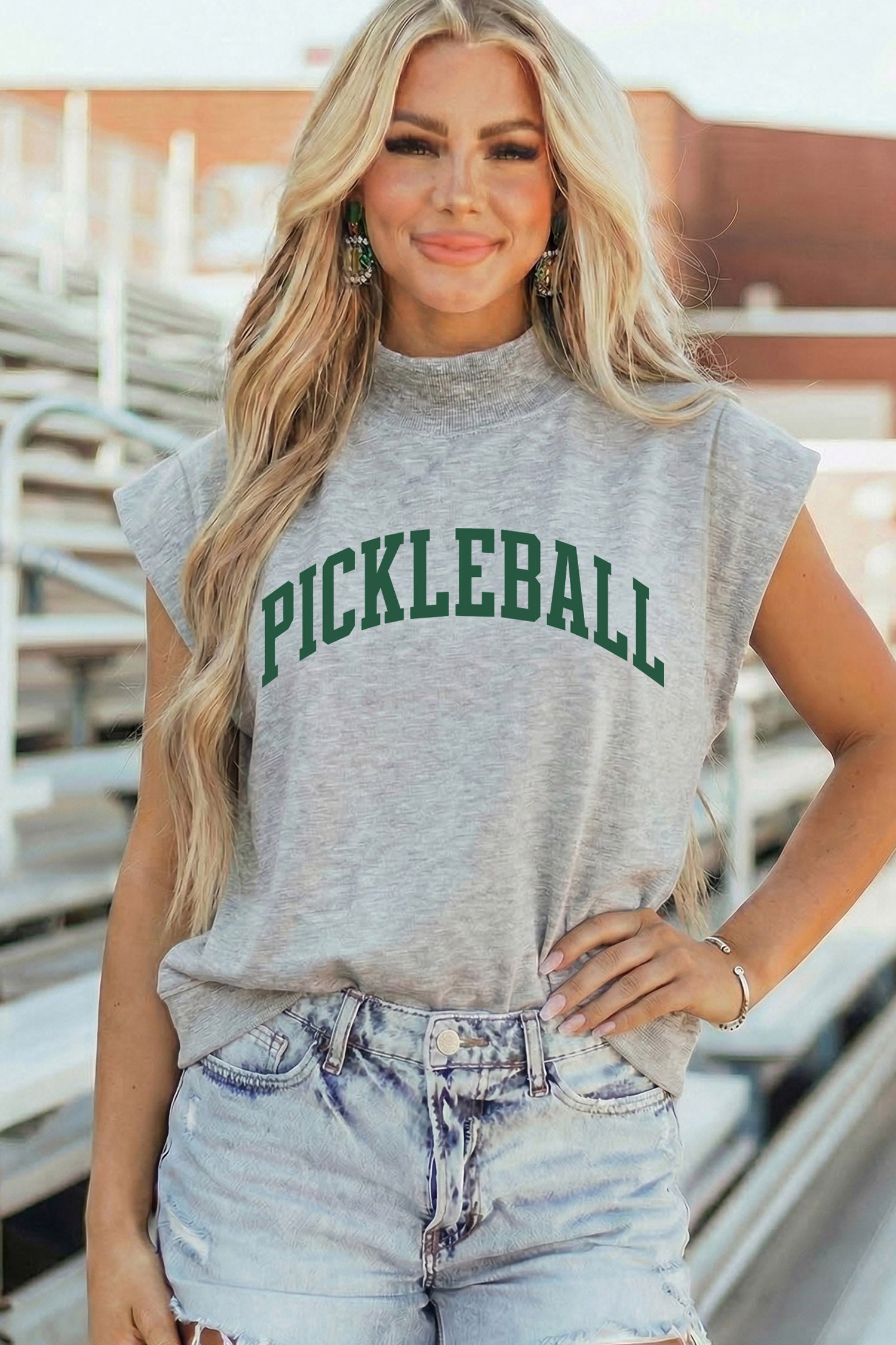 Light Grey Pickleball Lettering Mock Neck Short Sleeve Top-Graphic/Graphic Tees-[Adult]-[Female]-2022 Online Blue Zone Planet
