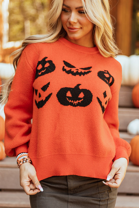 Black Halloween Pumpkin Face Pattern Drop Shoulder Sweater-Sweaters & Cardigans/Sweaters-[Adult]-[Female]-Orange-S-2022 Online Blue Zone Planet