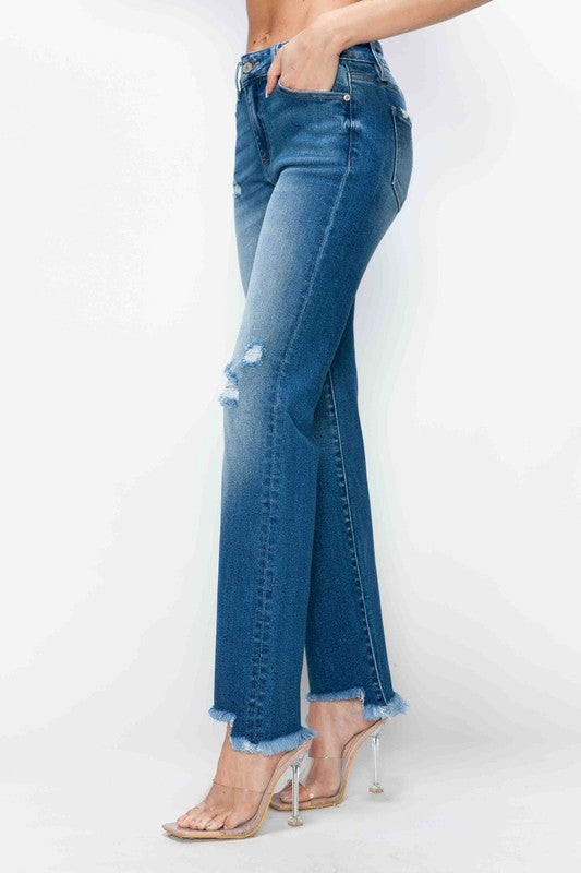 Blue Zone Planet | bytos Full Size Raw Hem Distressed Mid Rise Straight Jeans-BOTTOMS SIZES SMALL MEDIUM LARGE-[Adult]-[Female]-2022 Online Blue Zone Planet