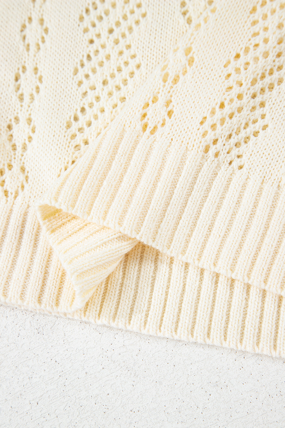 Beige Hollowed Pattern Knit Short Puff Sleeve Sweater-Sweaters & Cardigans/Short Sleeve Sweaters-[Adult]-[Female]-2022 Online Blue Zone Planet
