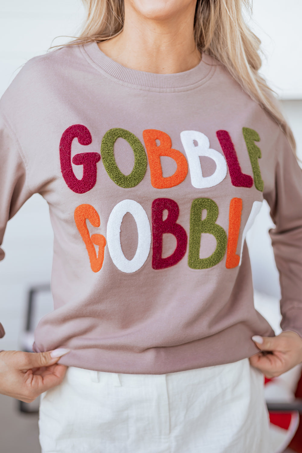 Dark Khaki GOBBLE Letter Graphic Thanksgiving Shift Sweatshirt-Tops/Sweatshirts & Hoodies-[Adult]-[Female]-2022 Online Blue Zone Planet