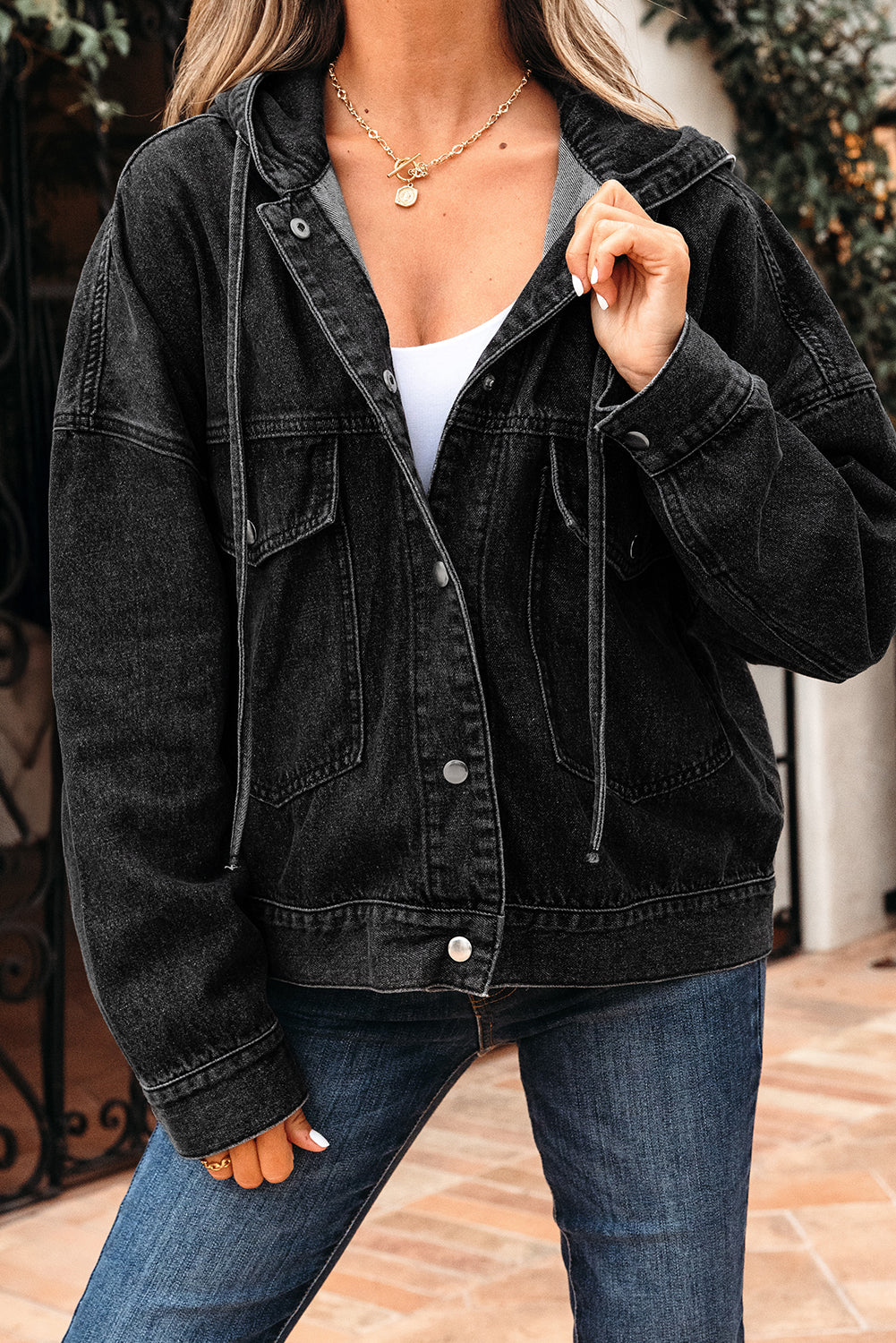 Black Big Chest Pocket Drop Shoulder Hooded Denim Jacket-Tops / Dresses-[Adult]-[Female]-2022 Online Blue Zone Planet