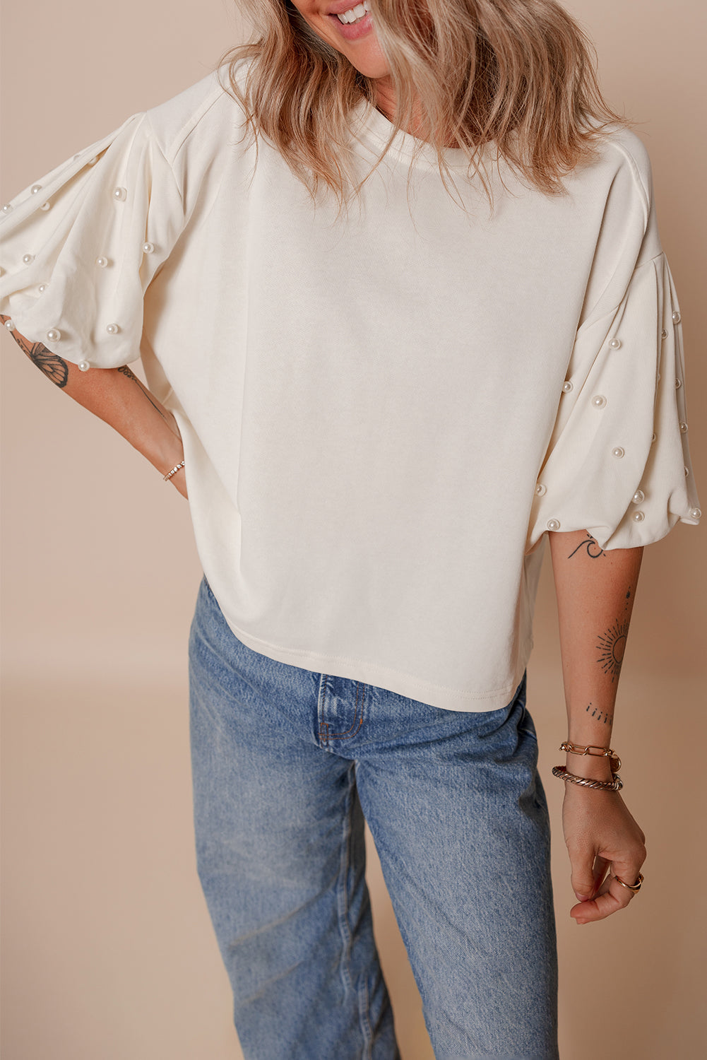 White Pearled Puff Sleeve Round Neck Loose Top-Tops/Blouses & Shirts-[Adult]-[Female]-White-S-2022 Online Blue Zone Planet