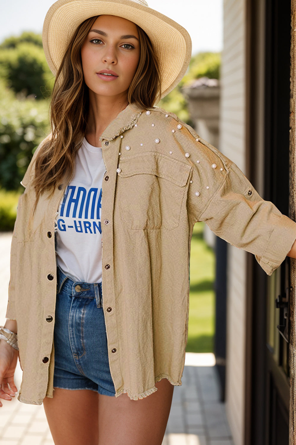 Raw Hem Pearl Trim Dropped Shoulder Denim Jacket-TOPS / DRESSES-[Adult]-[Female]-Tan-S-2022 Online Blue Zone Planet