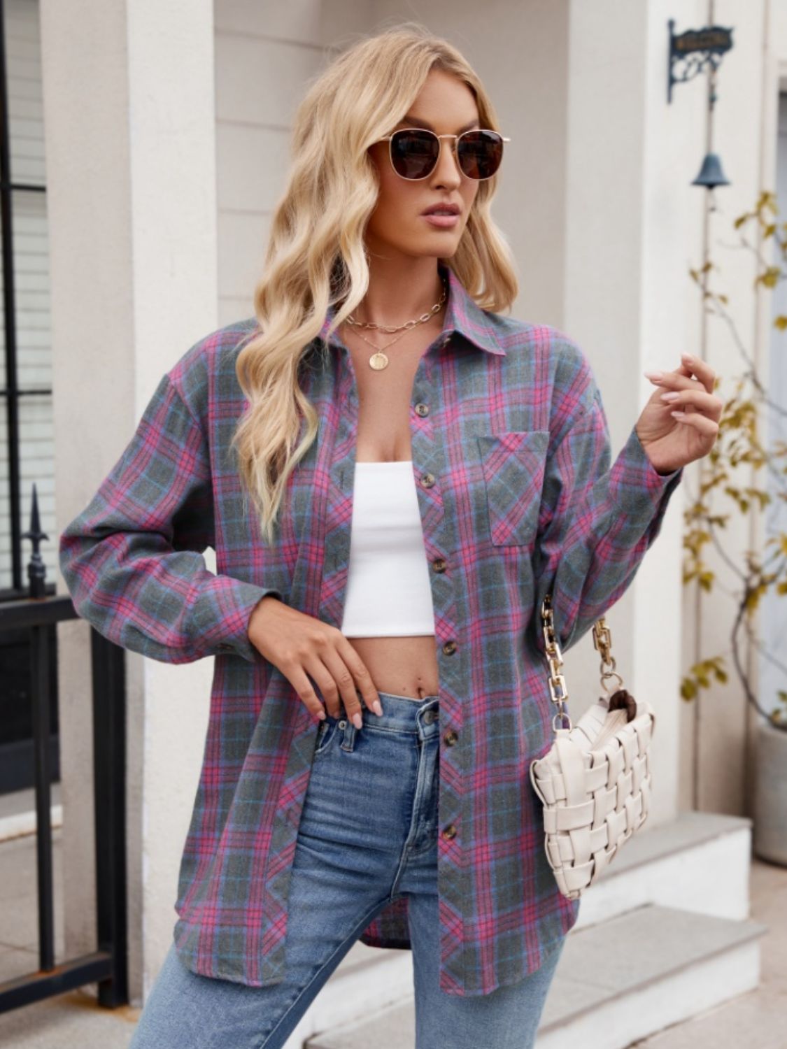 Blue Zone Planet | Pocketed Plaid Collared Neck Long Sleeve Shirt-TOPS / DRESSES-[Adult]-[Female]-Red-Violet-S-2022 Online Blue Zone Planet