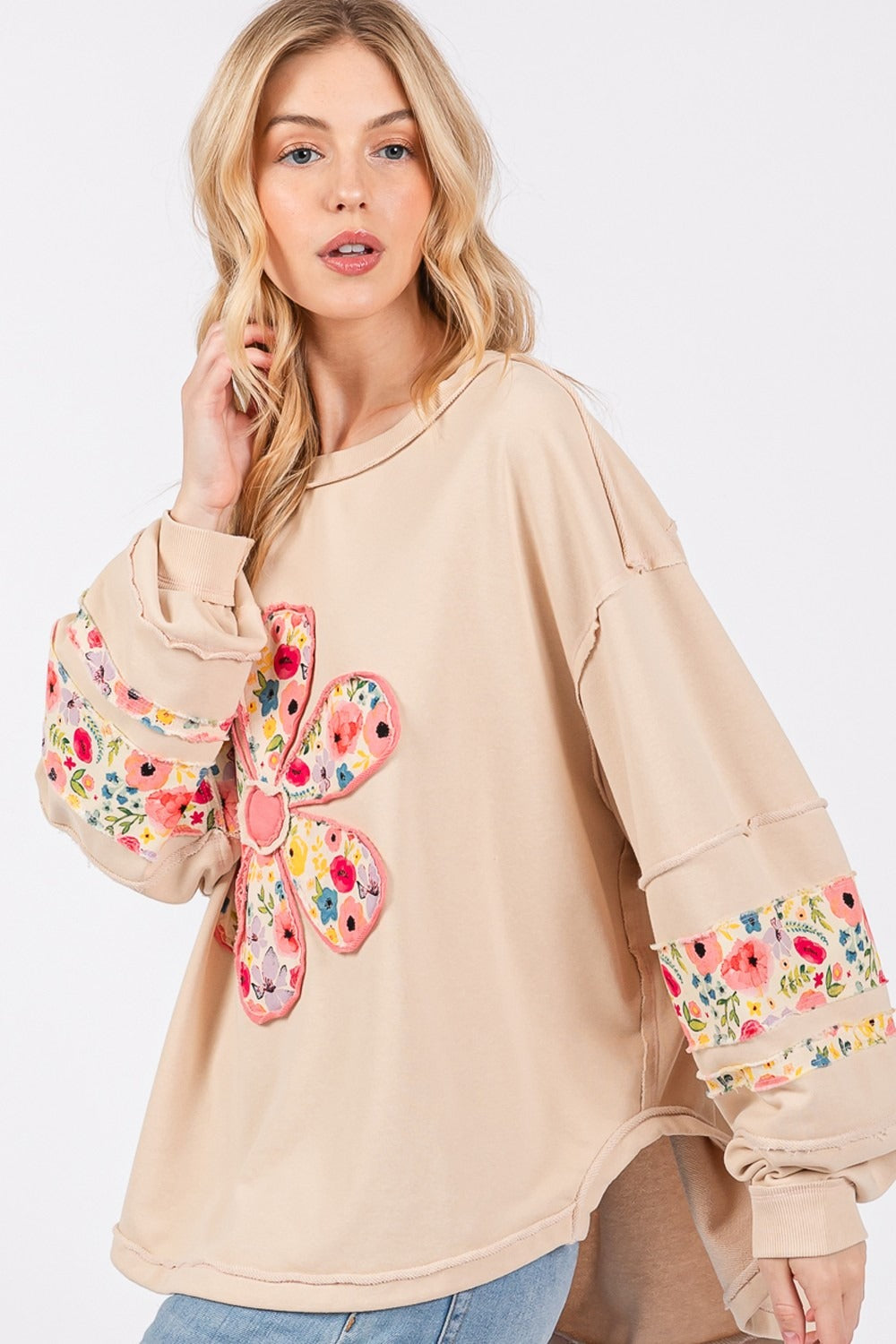 Blue Zone Planet | SAGE + FIG Daisy Patch Applique Long Sleeve Sweatshirt-TOPS / DRESSES-[Adult]-[Female]-2022 Online Blue Zone Planet