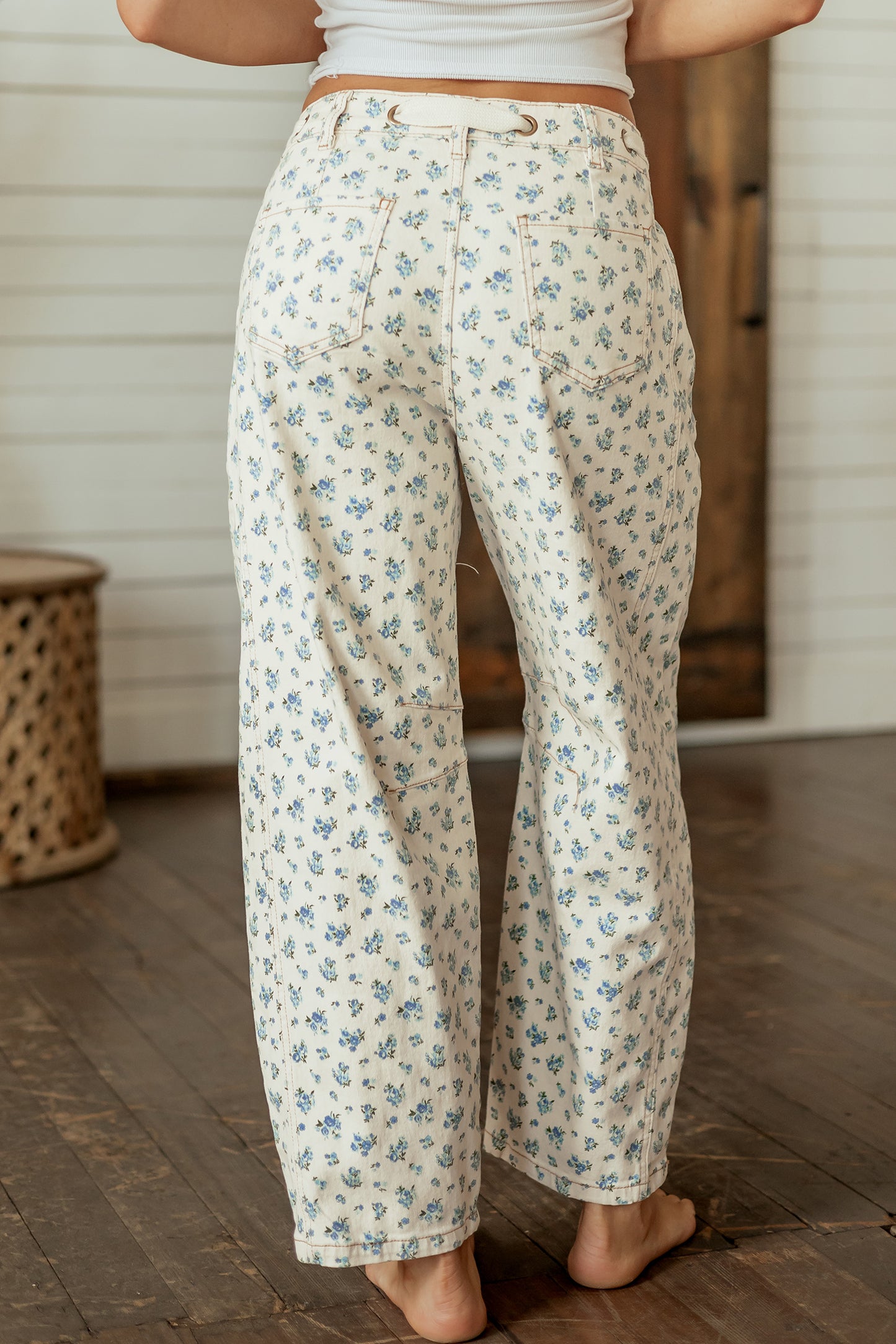 Beige Grommet Knot Waist Floral Barrel Leg Jeans-Bottoms/Jeans-[Adult]-[Female]-2022 Online Blue Zone Planet