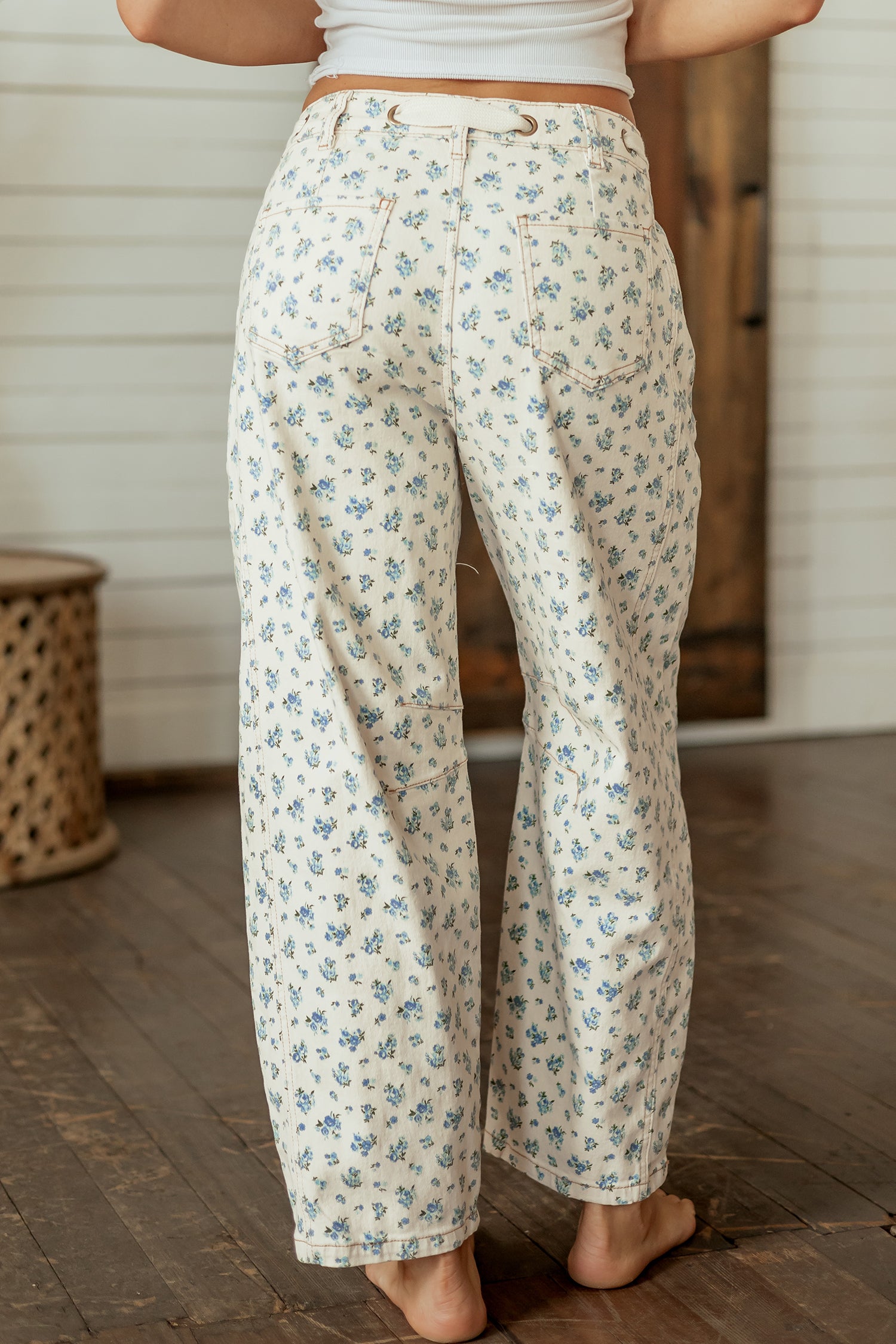 Beige Grommet Knot Waist Floral Barrel Leg Jeans-Bottoms/Jeans-[Adult]-[Female]-2022 Online Blue Zone Planet