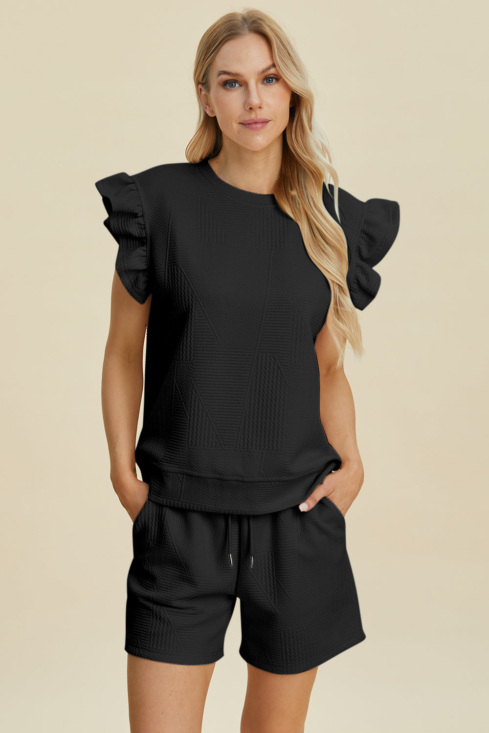 Blue Zone Planet | Double Take Full Size Texture Round Neck Ruffle Sleeve Top and Shorts Set-TOPS / DRESSES-[Adult]-[Female]-Black-S-2022 Online Blue Zone Planet