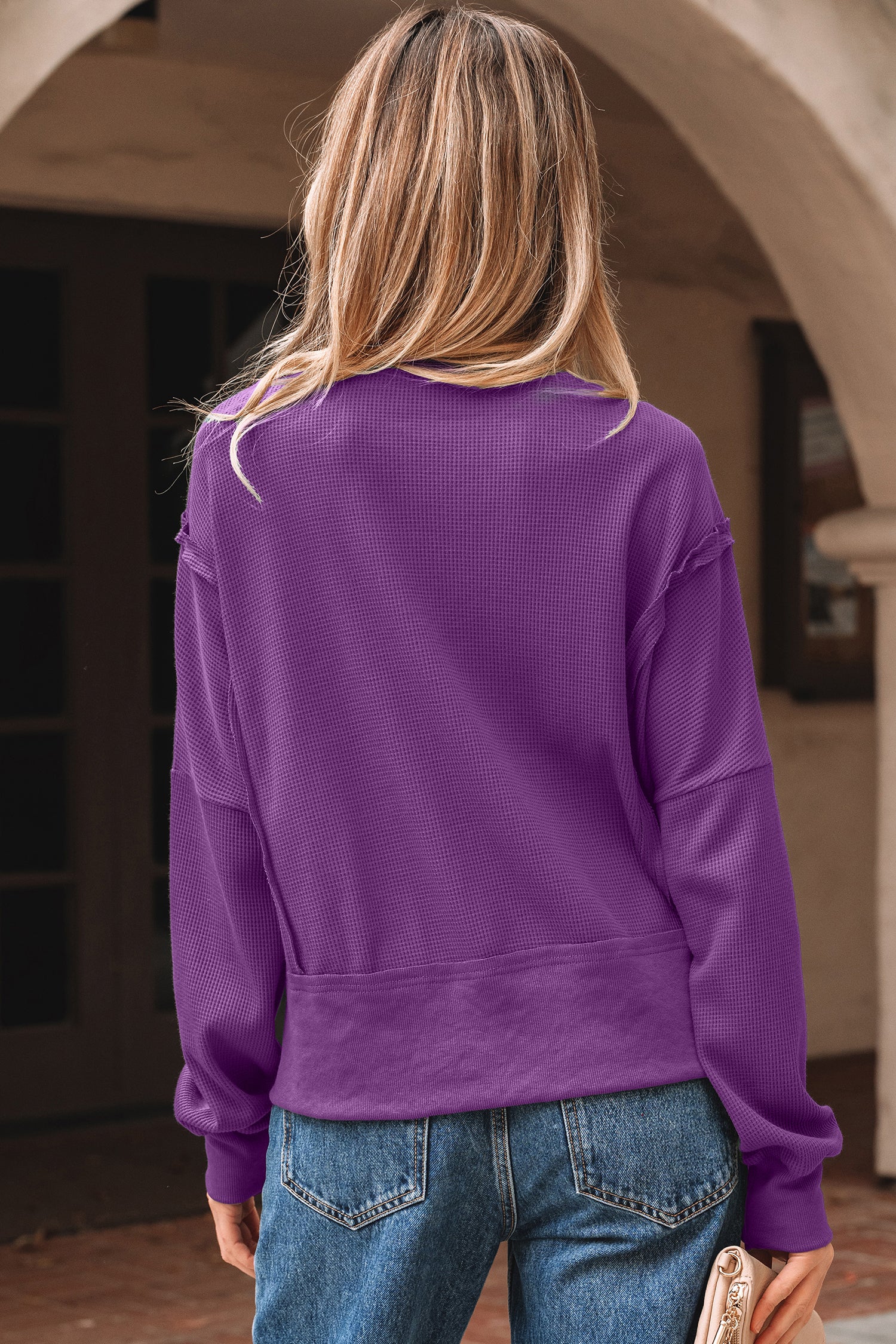 Orchid Mist Solid Color Raw Seam Patchwork Ribbed Drop Shoulder Sweatshirt-Tops/Sweatshirts & Hoodies-[Adult]-[Female]-2022 Online Blue Zone Planet