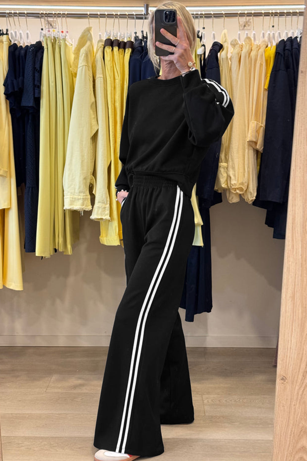 Gray Morn Varsity Striped Detail Crewneck Pullover Elastic Sweatpants 2pcs Outfit