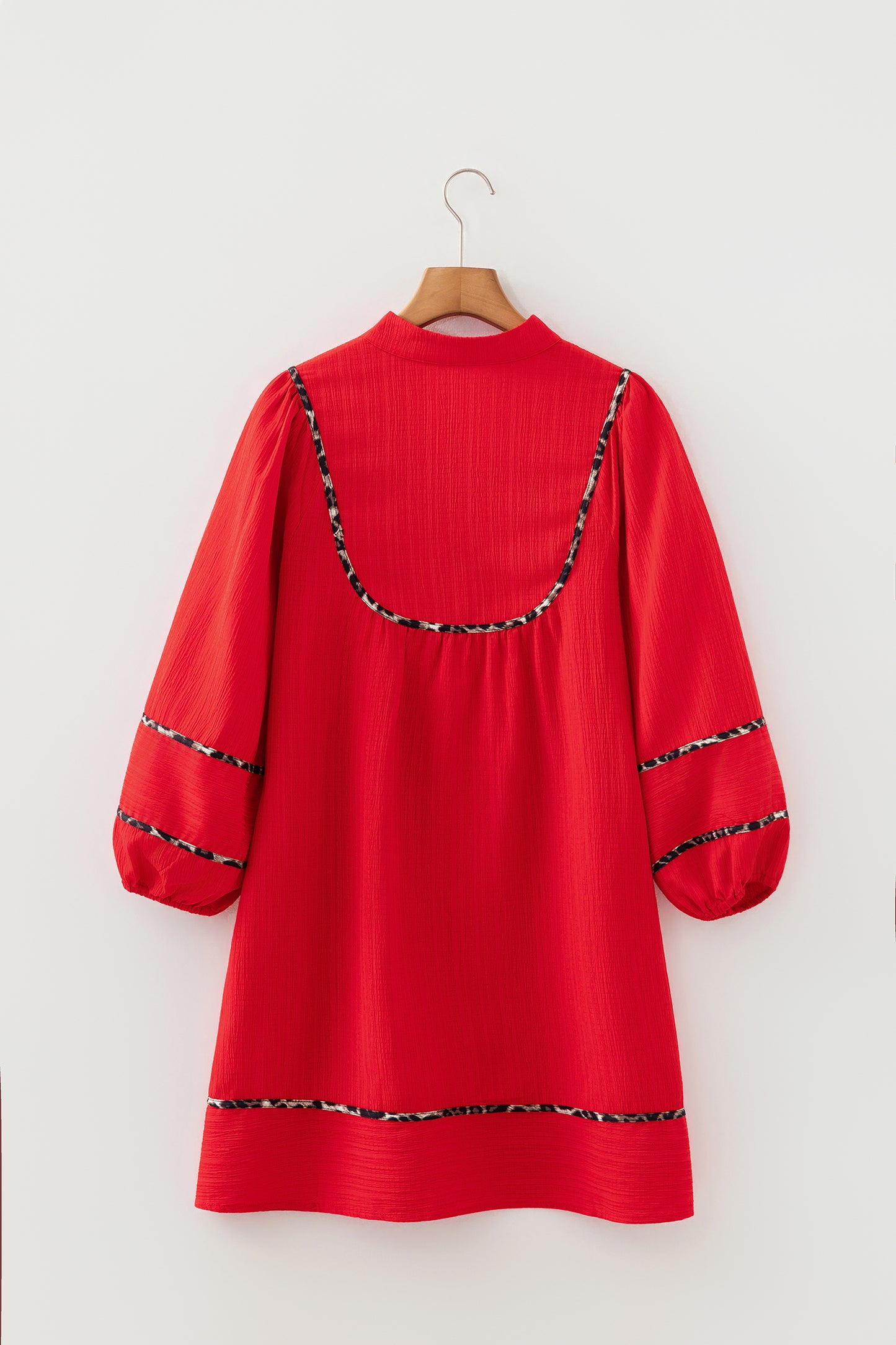 Fiery Red Textured V Neck Leopard Contrasted Trim Long Sleeve Shift Mini Dress