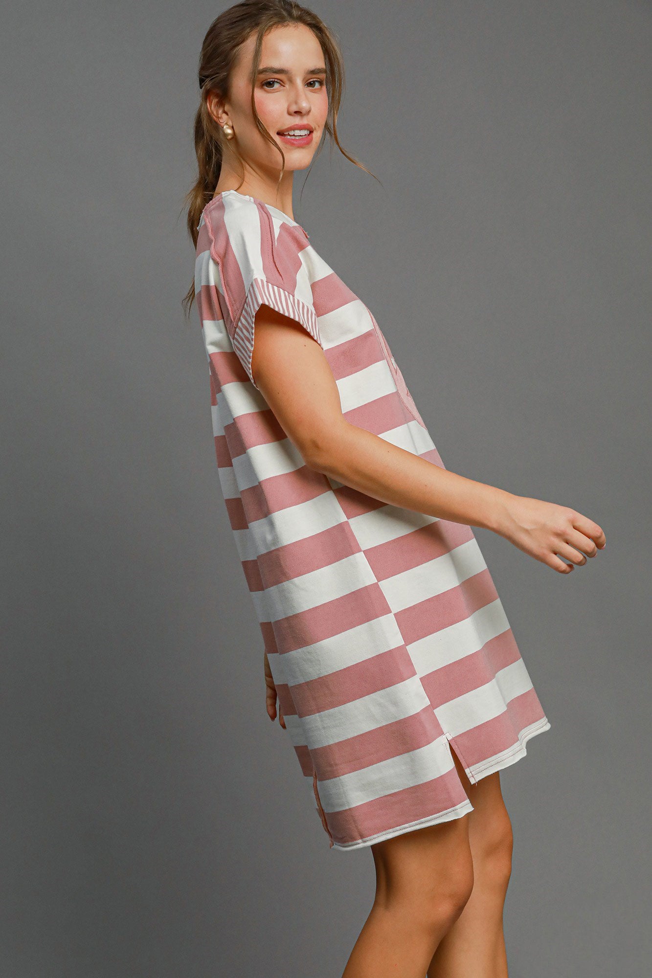 Umgee Peace Applique Striped Short Sleeve Mini Dress - Blue Zone Dusty Pink / S by Blue Zone Planet Umgee Peace Applique Striped Short Sleeve Mini Dress - Blue Zone Dusty Pink / S by Blue Zone Planet