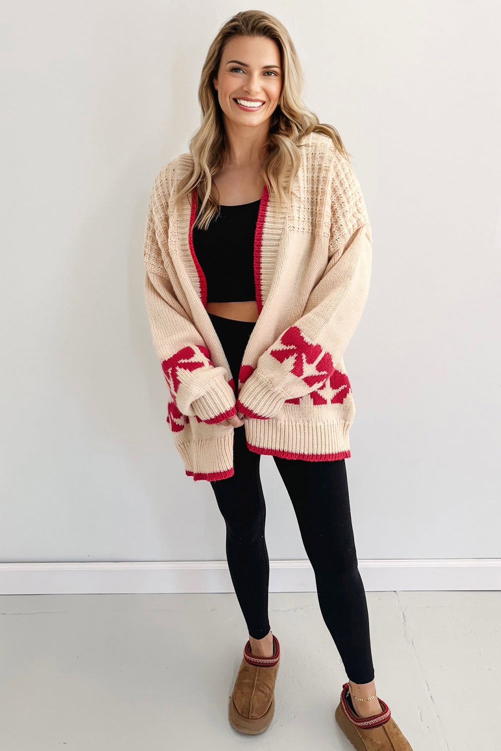 Apricot Bow Pattern Textured Open Front Baggy Cardigan-Sweaters & Cardigans/Cardigans-[Adult]-[Female]-2022 Online Blue Zone Planet