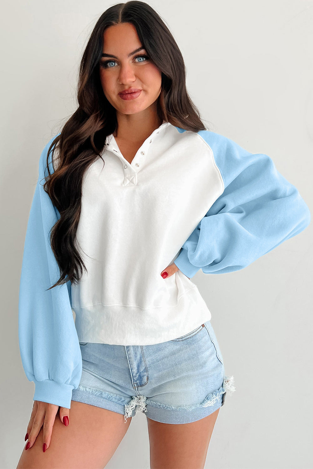 Beau Blue Colorblock Snap Buttons Pullover Sweatshirt-Tops/Sweatshirts & Hoodies-[Adult]-[Female]-2022 Online Blue Zone Planet