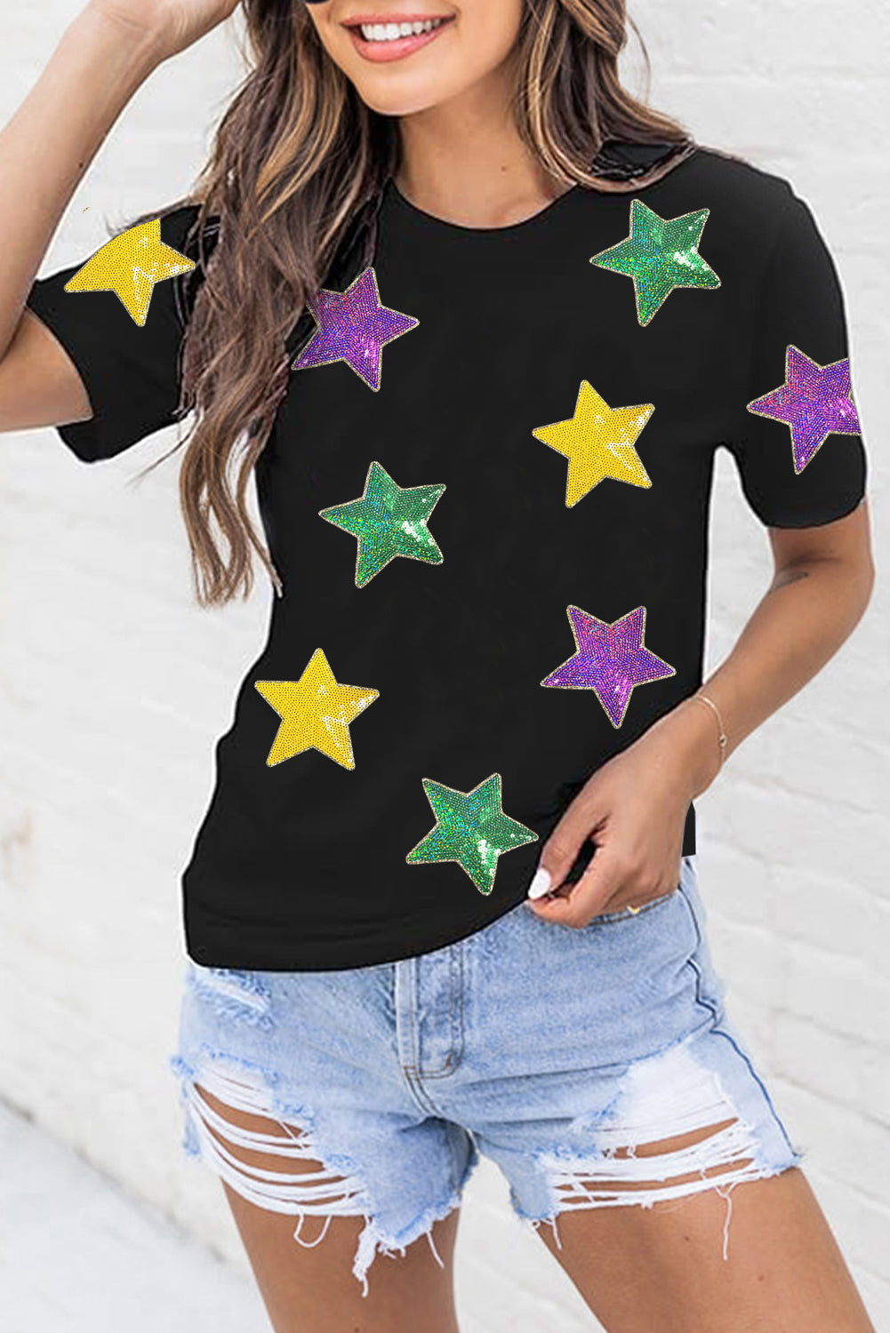 Sequin Stars Patched Round Neck T-Shirt-TOPS / DRESSES-[Adult]-[Female]-2022 Online Blue Zone Planet