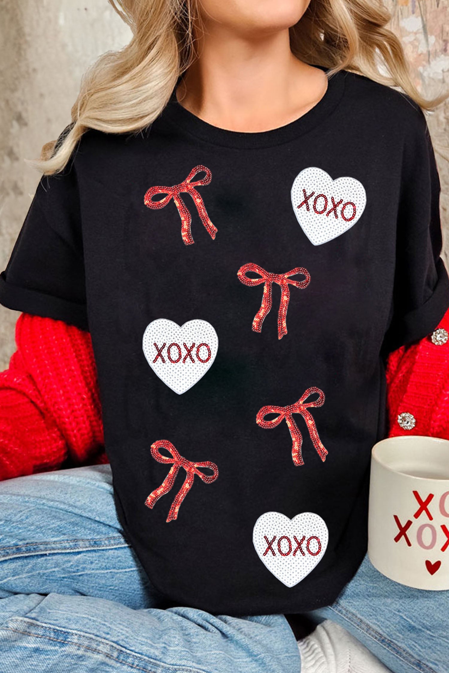 Black Valentines Bow Xoxo Heart Sequin Patched Loose T Shirt-Graphic Tees-[Adult]-[Female]-Black-2XL-2022 Online Blue Zone Planet
