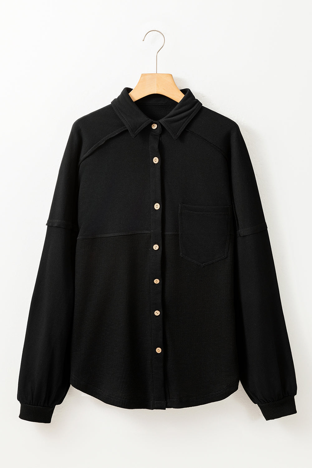 Black Waffle Knit Patchwork Exposed Seam Loose Shacket-Outerwear/Jackets-[Adult]-[Female]-2022 Online Blue Zone Planet