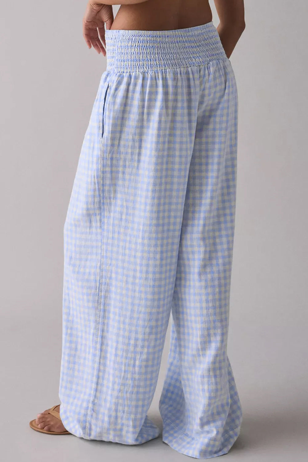 Myosotis Plaid Print Smocked High Waist Womens Loose Pants-Bottoms/Pants & Culotte-[Adult]-[Female]-2022 Online Blue Zone Planet