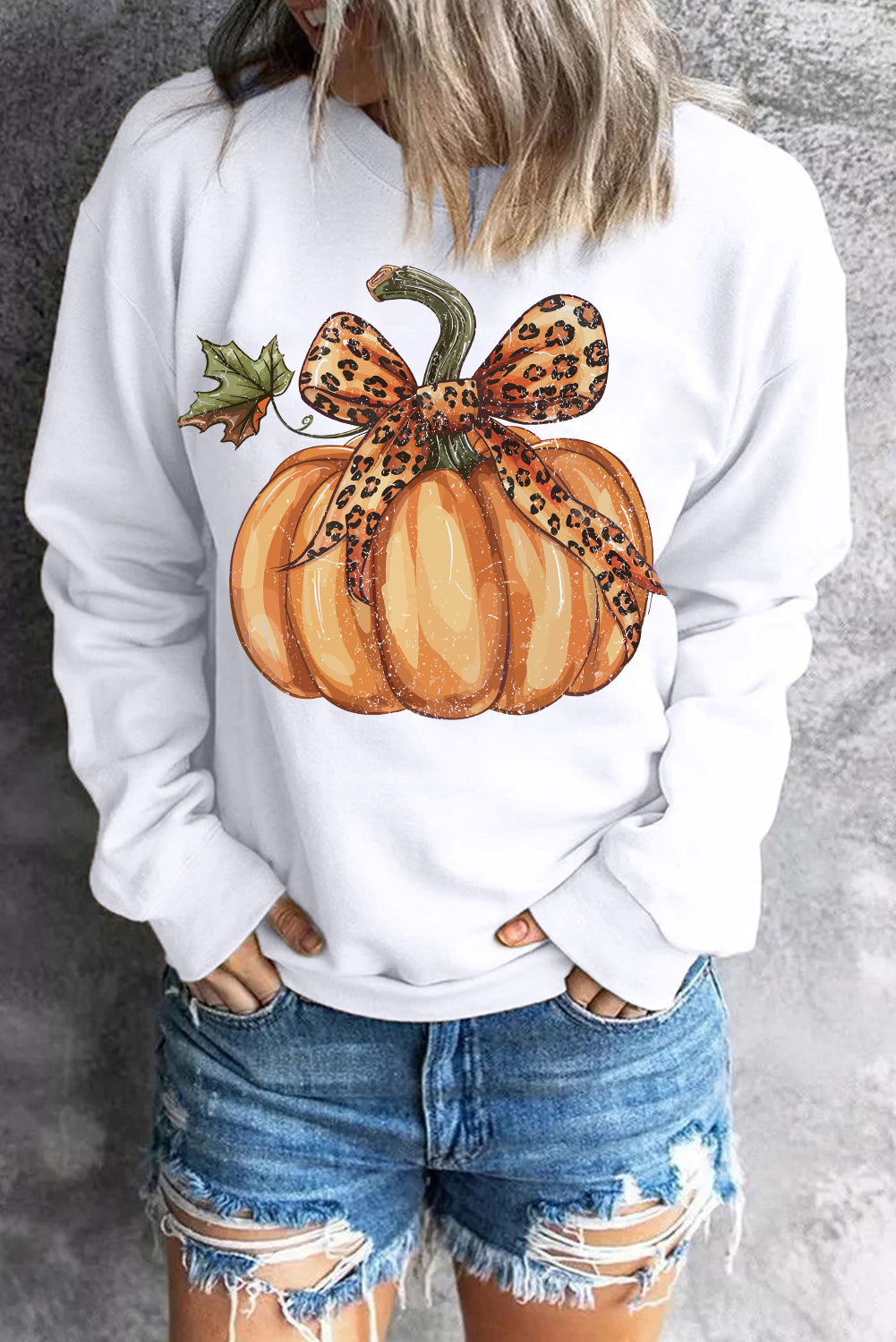 Beige Leopard Bowknot Pumpkin Graphic Crewneck Sweatshirt-Graphic/Graphic Sweatshirts-[Adult]-[Female]-Beige-S-2022 Online Blue Zone Planet