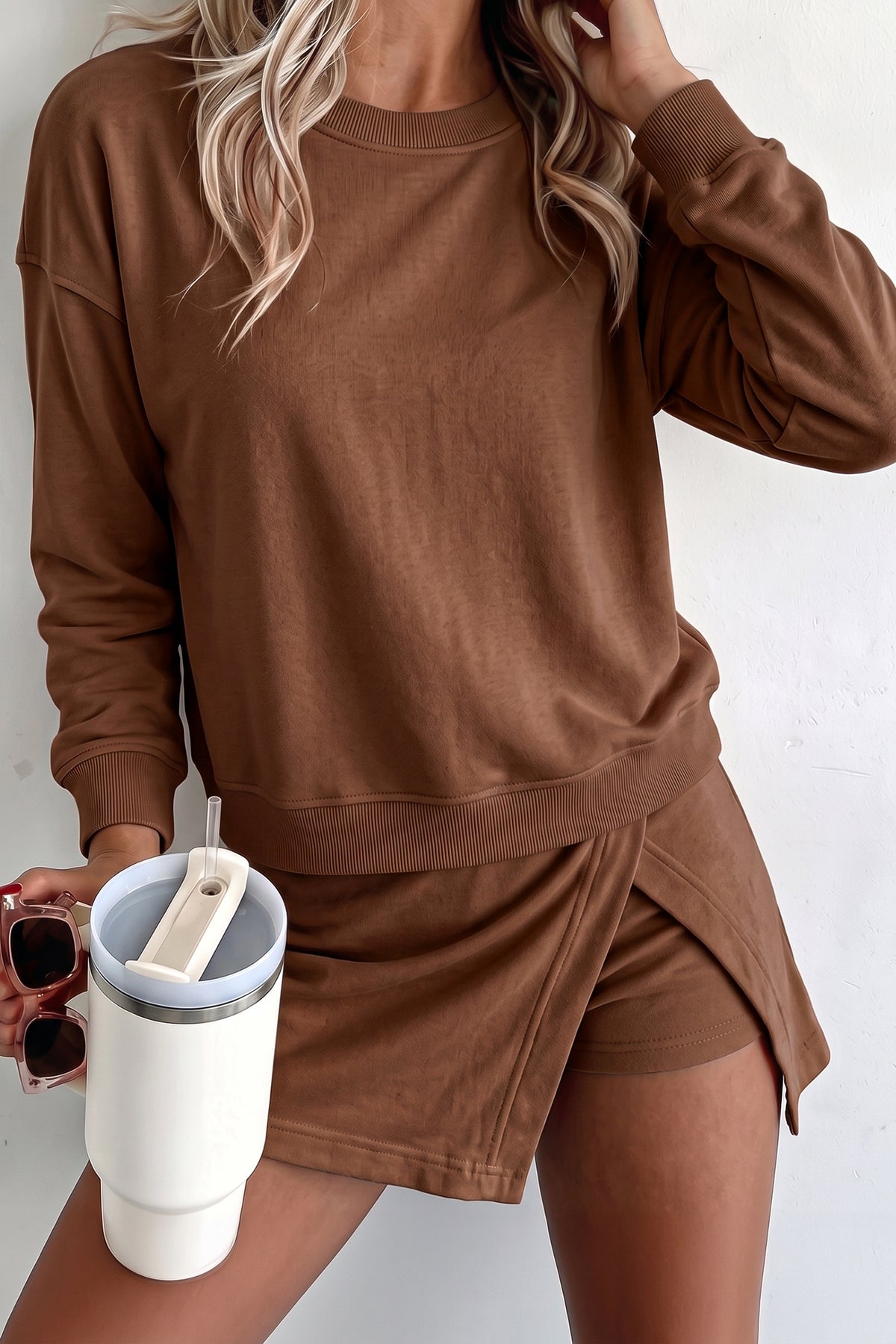 Coffee Solid Color Long Sleeve Top Split Skort 2pcs Outfit-Two Piece Sets/Two Piece Dresses-[Adult]-[Female]-2022 Online Blue Zone Planet