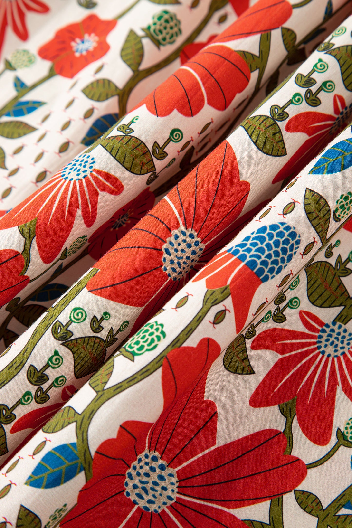 Red Floral Print Ricrac Trim V Neck 3/4 Sleeve Loose Mini Dress-TOPS / DRESSES-[Adult]-[Female]-2022 Online Blue Zone Planet