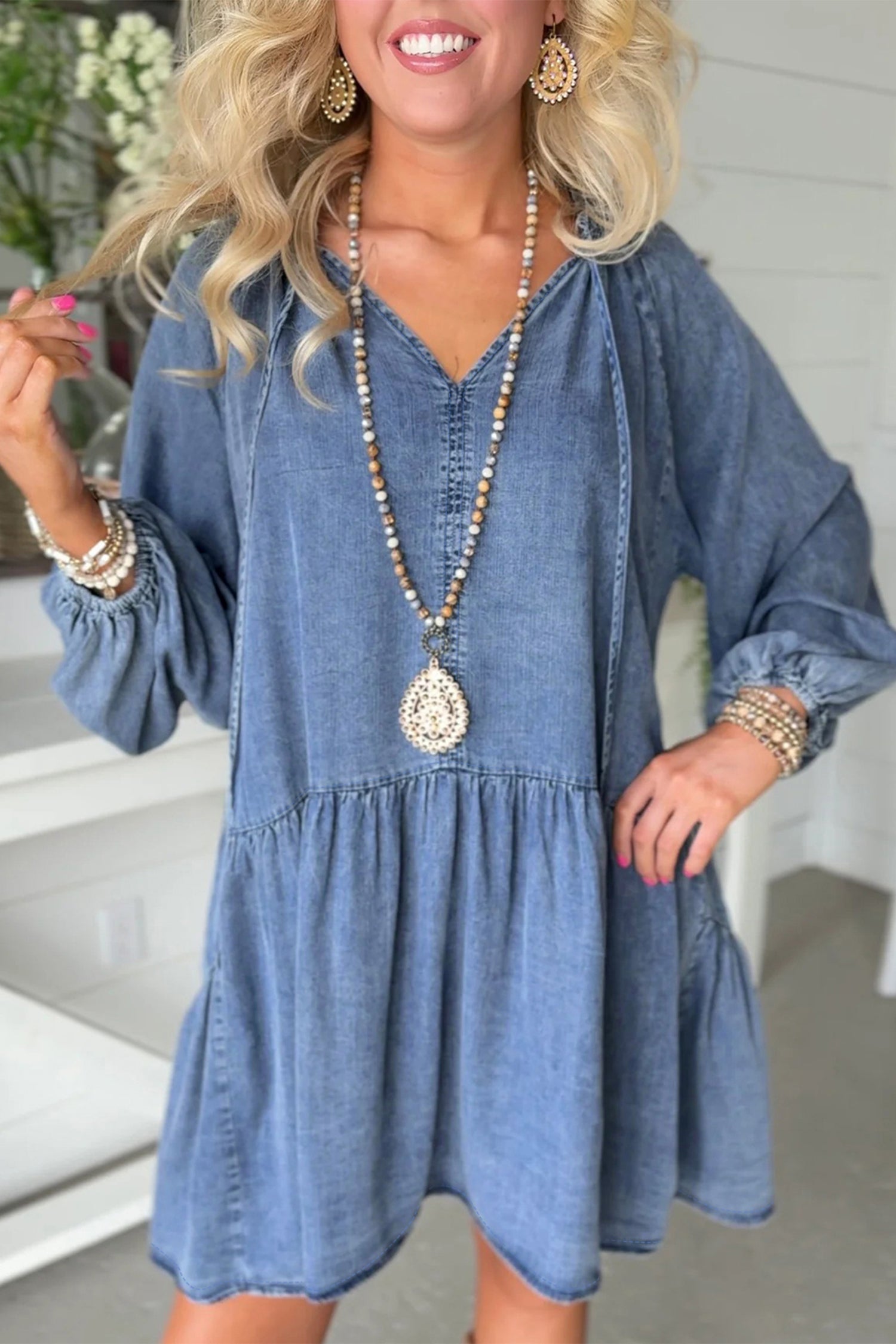 Myosotis Puff Sleeve V Neck Ruffled Loose Denim Mini Dress-TOPS / DRESSES-[Adult]-[Female]-2022 Online Blue Zone Planet
