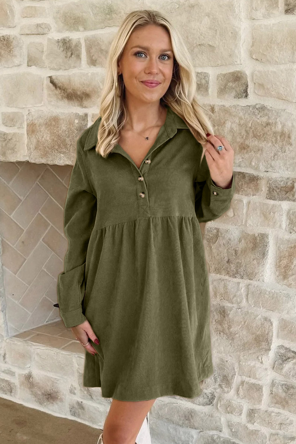 Vineyard Green Corduroy Half Button Collared Long Sleeve Mini Dress-Dresses/Mini Dresses-[Adult]-[Female]-2022 Online Blue Zone Planet