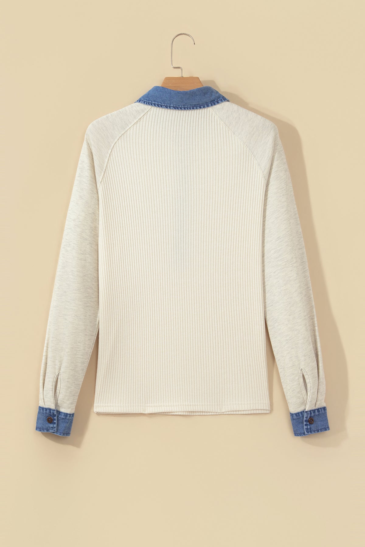 Light Grey Ribbed Denim Colorblock Detail Button Collar Long Sleeve Top-Tops/Long Sleeve Tops-[Adult]-[Female]-2022 Online Blue Zone Planet