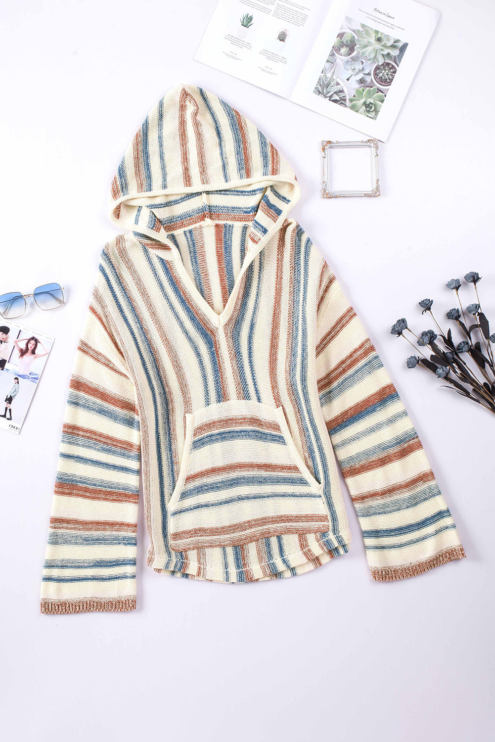 Contrast Striped Dropped Shoulder Hooded Knit Top-TOPS / DRESSES-[Adult]-[Female]-2022 Online Blue Zone Planet