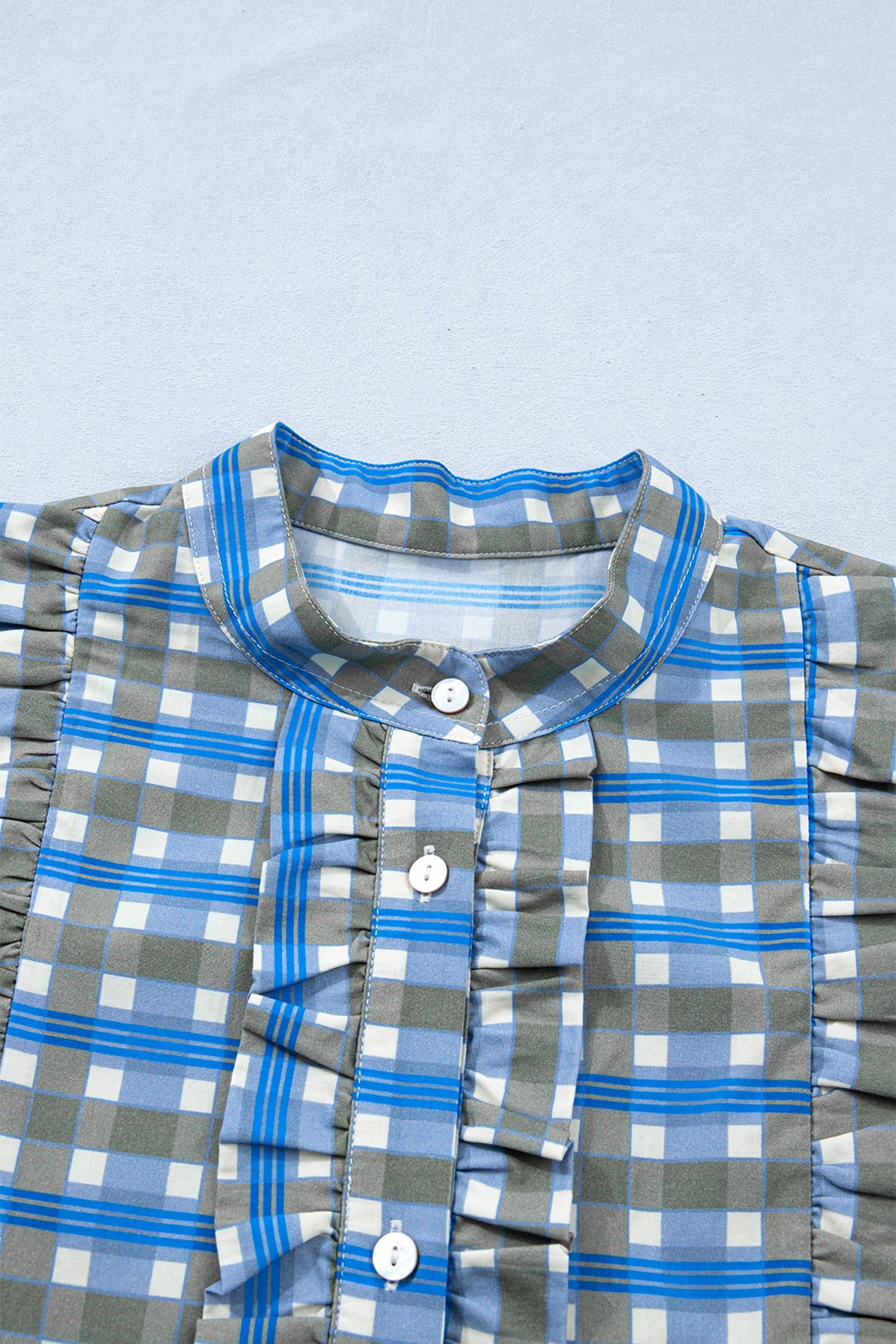 Sky Blue Plaid Long Sleeve Frilled Detail Half Button Blouse-Tops/Blouses & Shirts-[Adult]-[Female]-2022 Online Blue Zone Planet