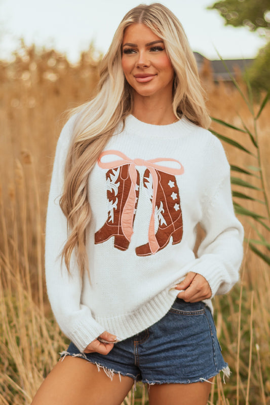 White Embroidered Bow Boots Graphic Drop Shoulder Sweater-TOPS / DRESSES-[Adult]-[Female]-2022 Online Blue Zone Planet