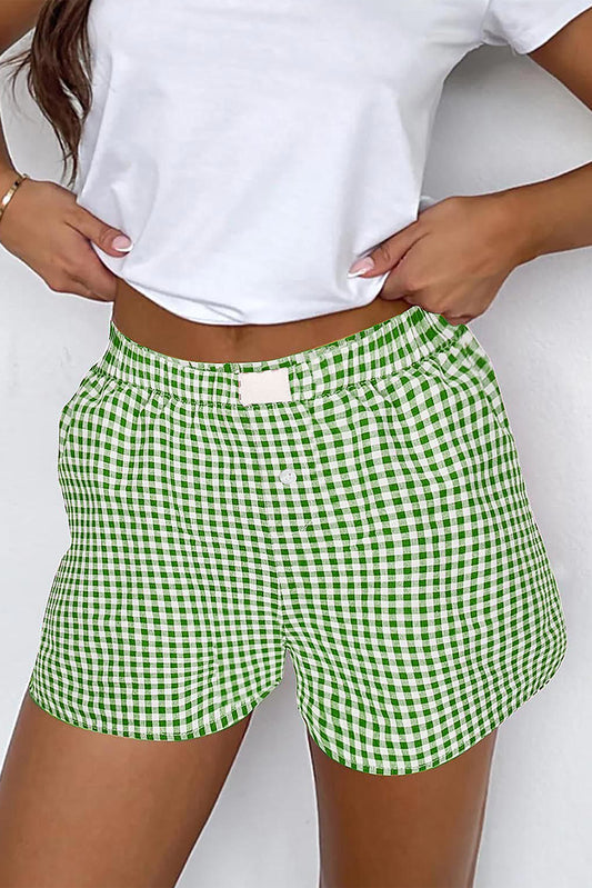 Fern Green Red Plaid Gingham Printed High Waist Shorts-Bottoms/Casual Shorts-[Adult]-[Female]-Fern Green-S-2022 Online Blue Zone Planet