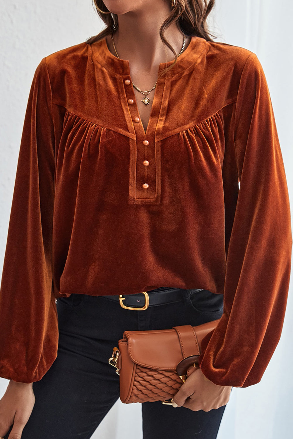 Gold Flame Lantern Sleeve Beaded Split V Neck Velvet Top-Tops/Blouses & Shirts-[Adult]-[Female]-2022 Online Blue Zone Planet