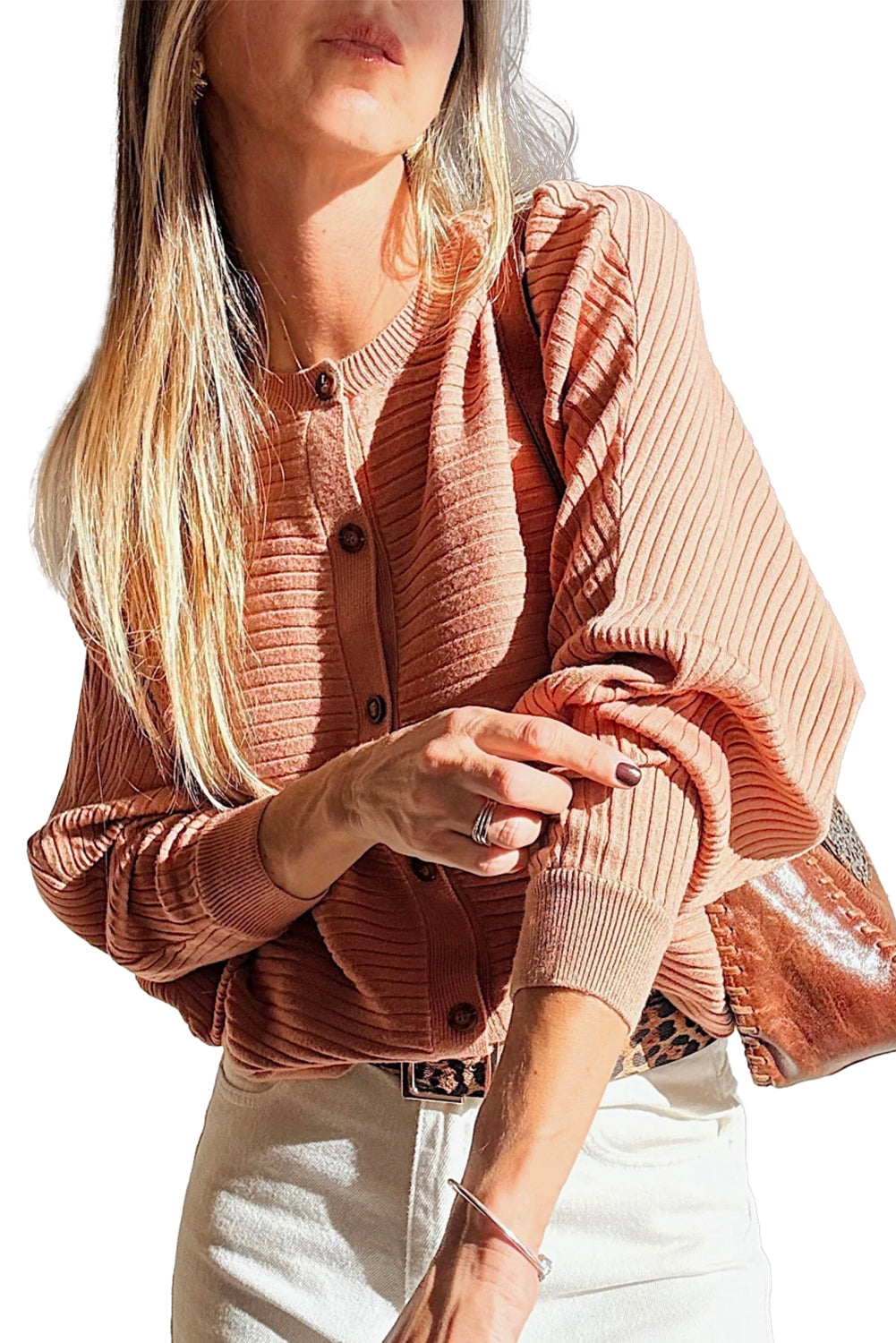 Apricot Pink Wide Rib Knit Button Front Dolman Sleeve Sweater Cardigan-TOPS / DRESSES-[Adult]-[Female]-2022 Online Blue Zone Planet