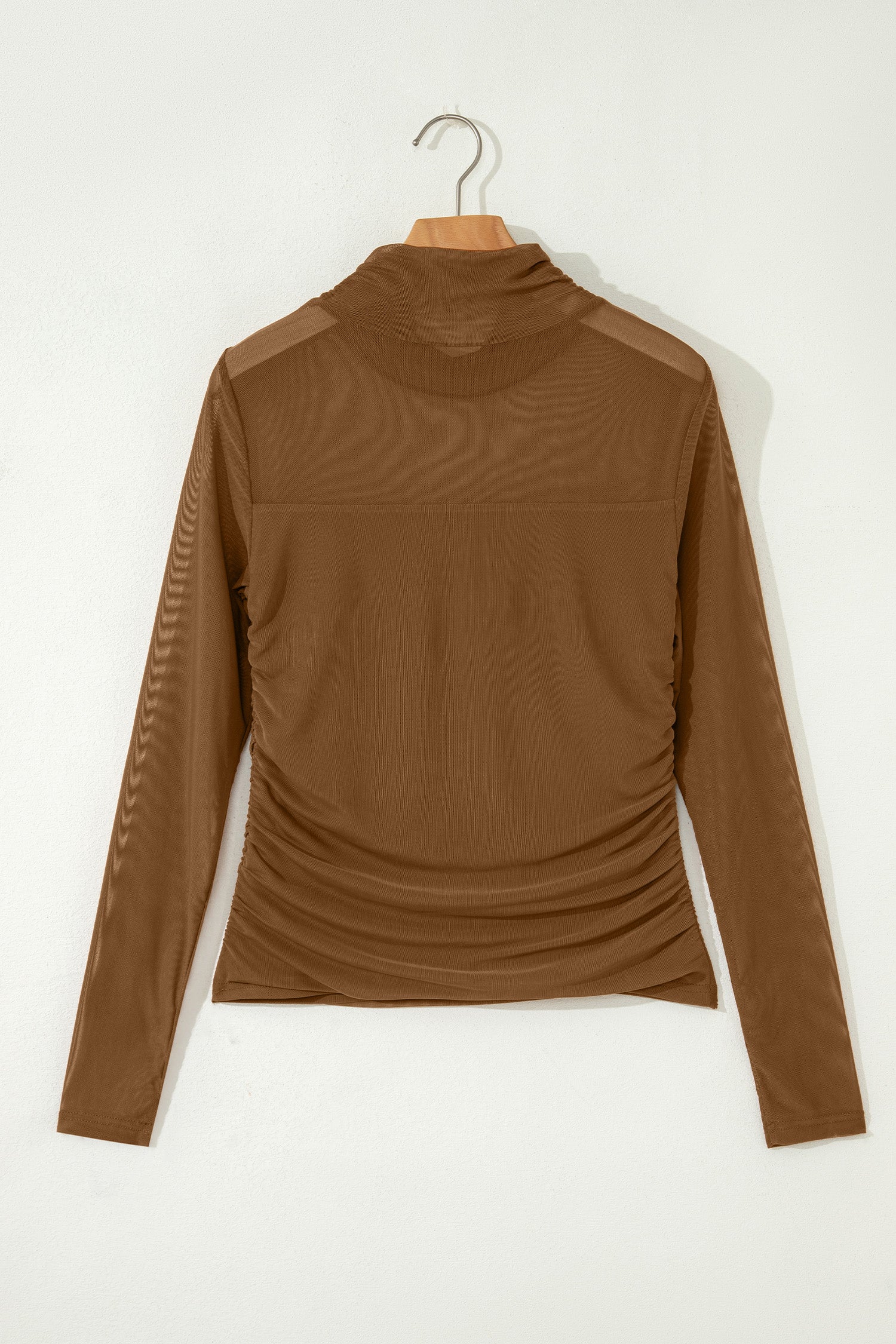 Coffee Sheer Mesh Patchwork High Neck Long Sleeve Top-Tops/Long Sleeve Tops-[Adult]-[Female]-2022 Online Blue Zone Planet