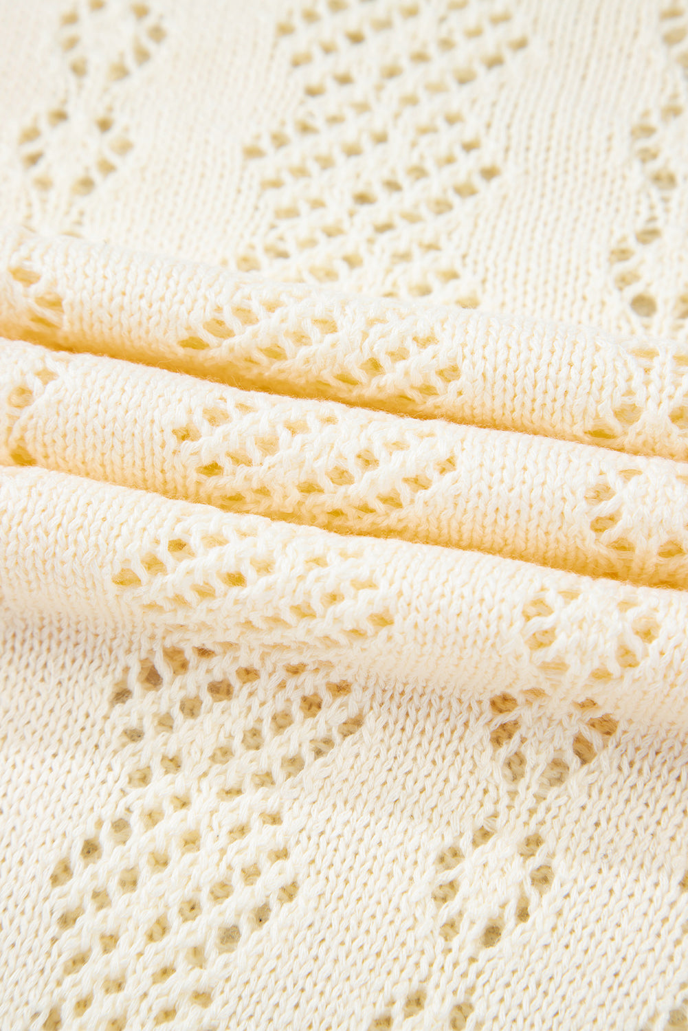 Beige Hollowed Pattern Knit Short Puff Sleeve Sweater-Sweaters & Cardigans/Short Sleeve Sweaters-[Adult]-[Female]-2022 Online Blue Zone Planet