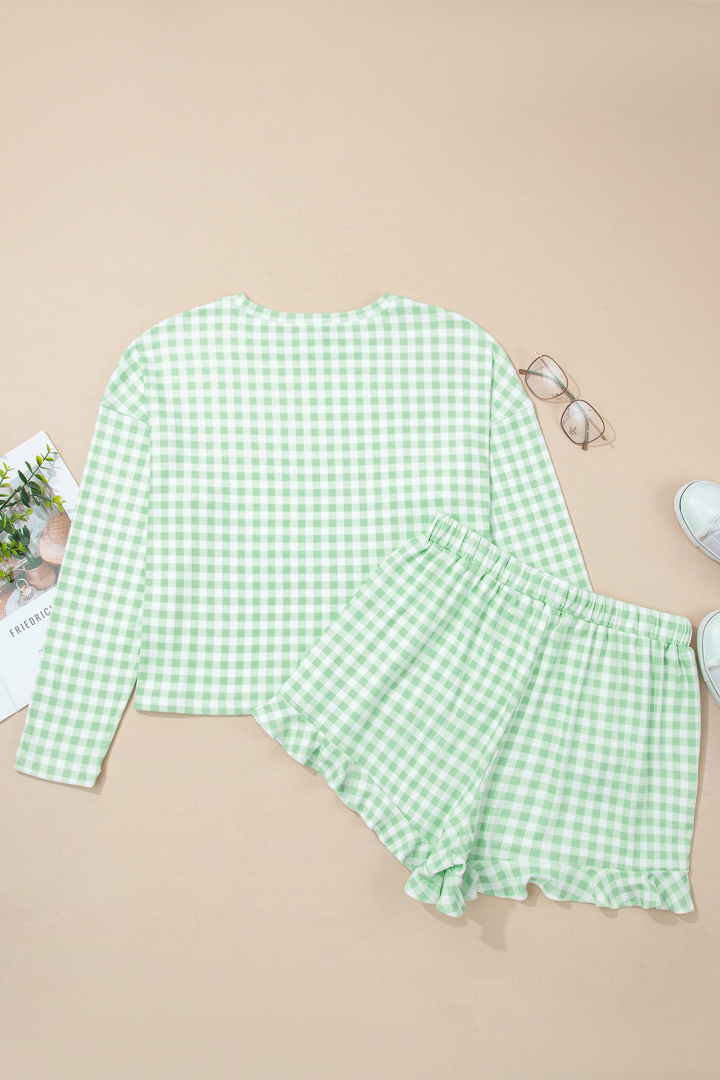 Green Gingham Long Sleeve Loose Top Drawstring Shorts 2pcs Lounge Set-Loungewear & Sleepwear/Loungewear-[Adult]-[Female]-2022 Online Blue Zone Planet