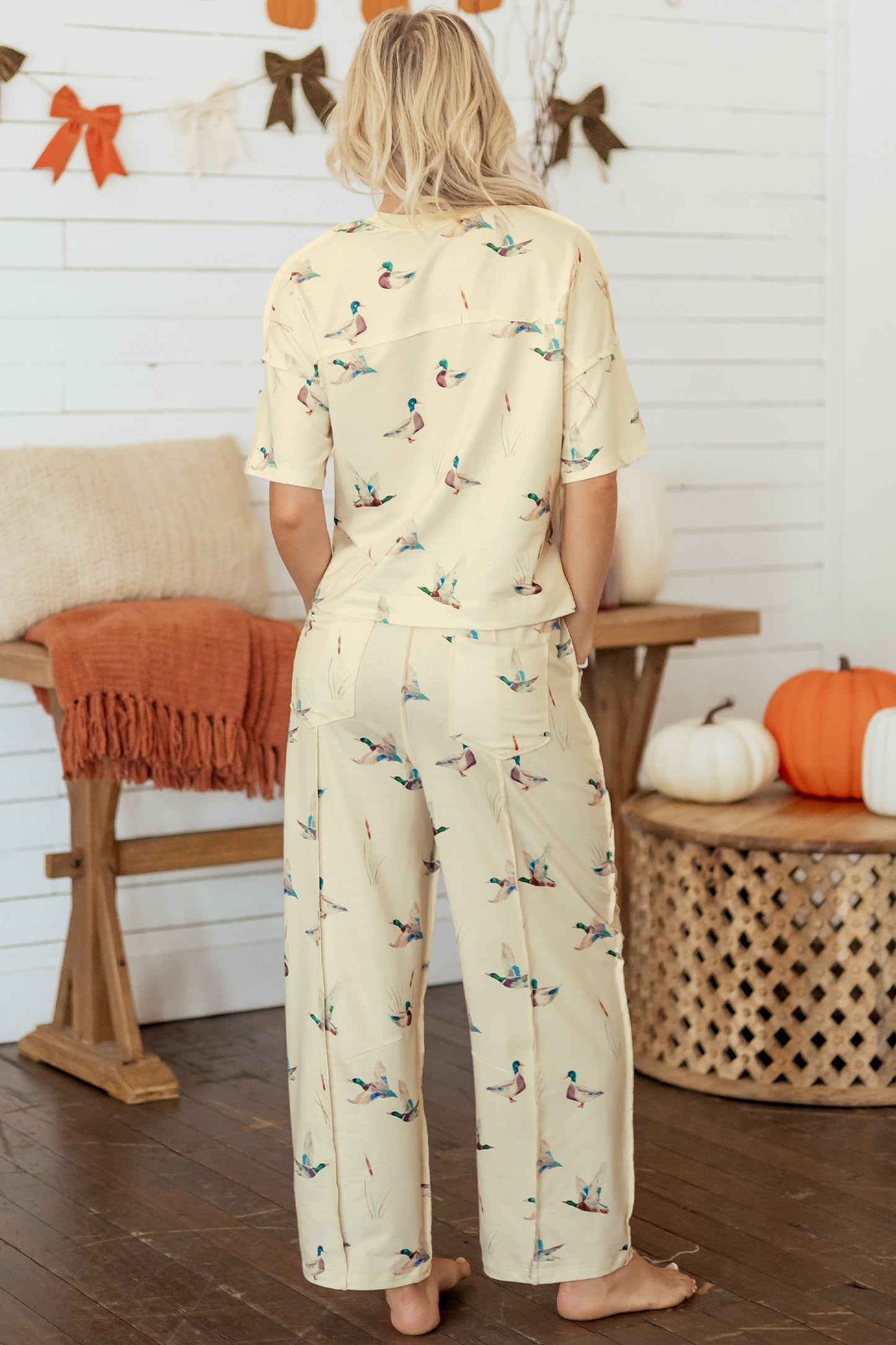 Beige Duck Print Short Sleeve Top Pocket Pants 2pcs Casual Set-Two Piece Sets/Pant Sets-[Adult]-[Female]-2022 Online Blue Zone Planet